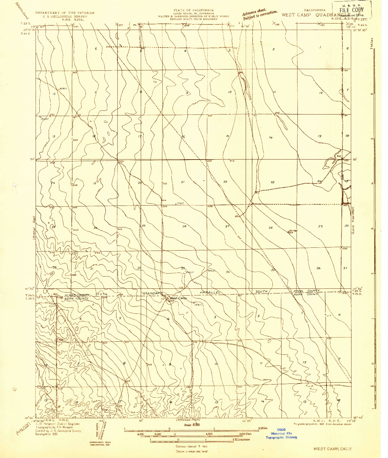 USGS 1:31680-SCALE QUADRANGLE FOR WEST CAMP, CA 1932