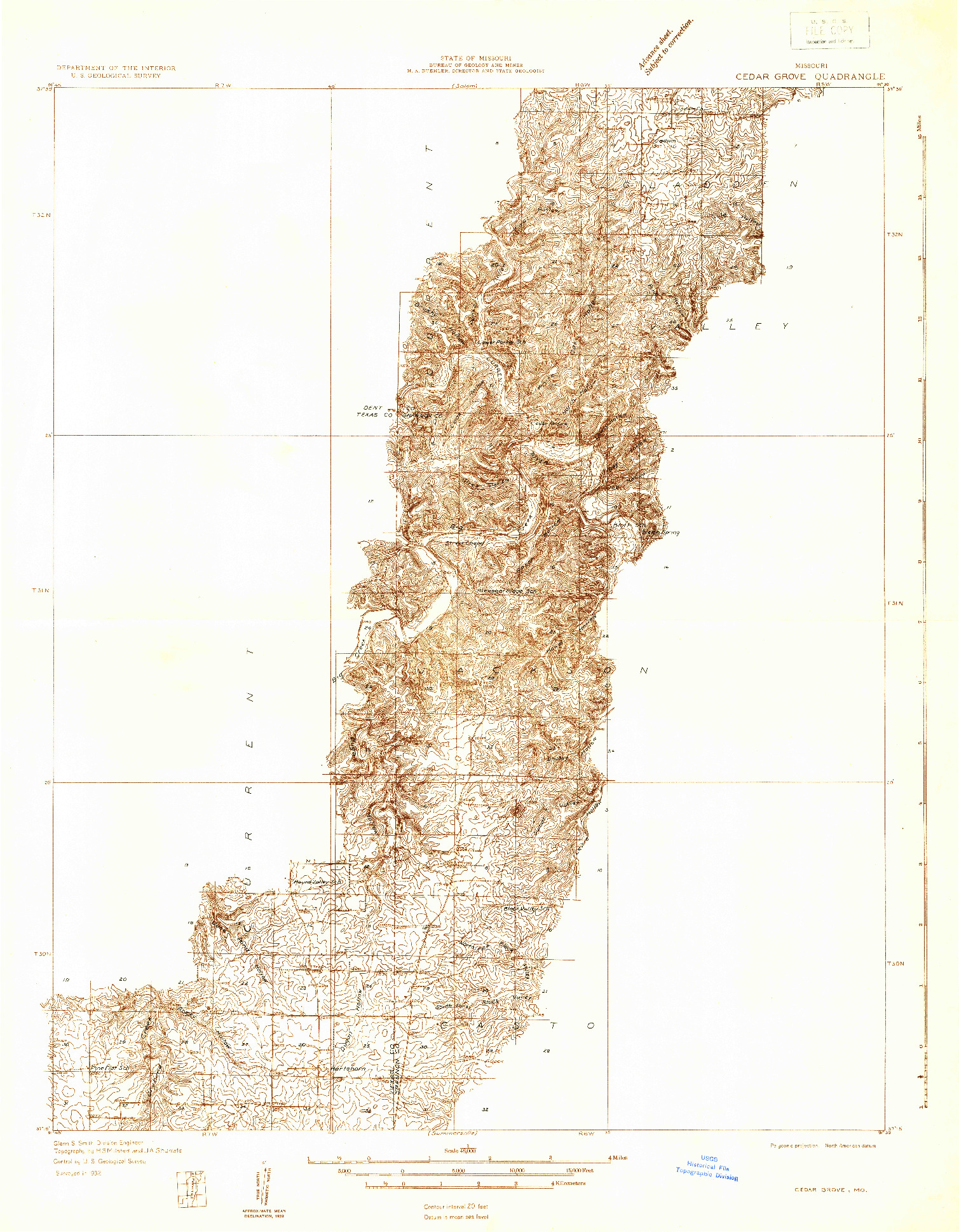 USGS 1:48000-SCALE QUADRANGLE FOR CEDAR GROVE, MO 1932