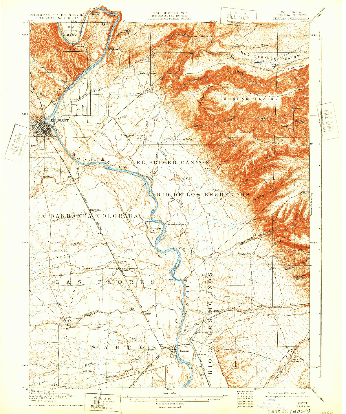 USGS 1:62500-SCALE QUADRANGLE FOR TEHAMA, CA 1905