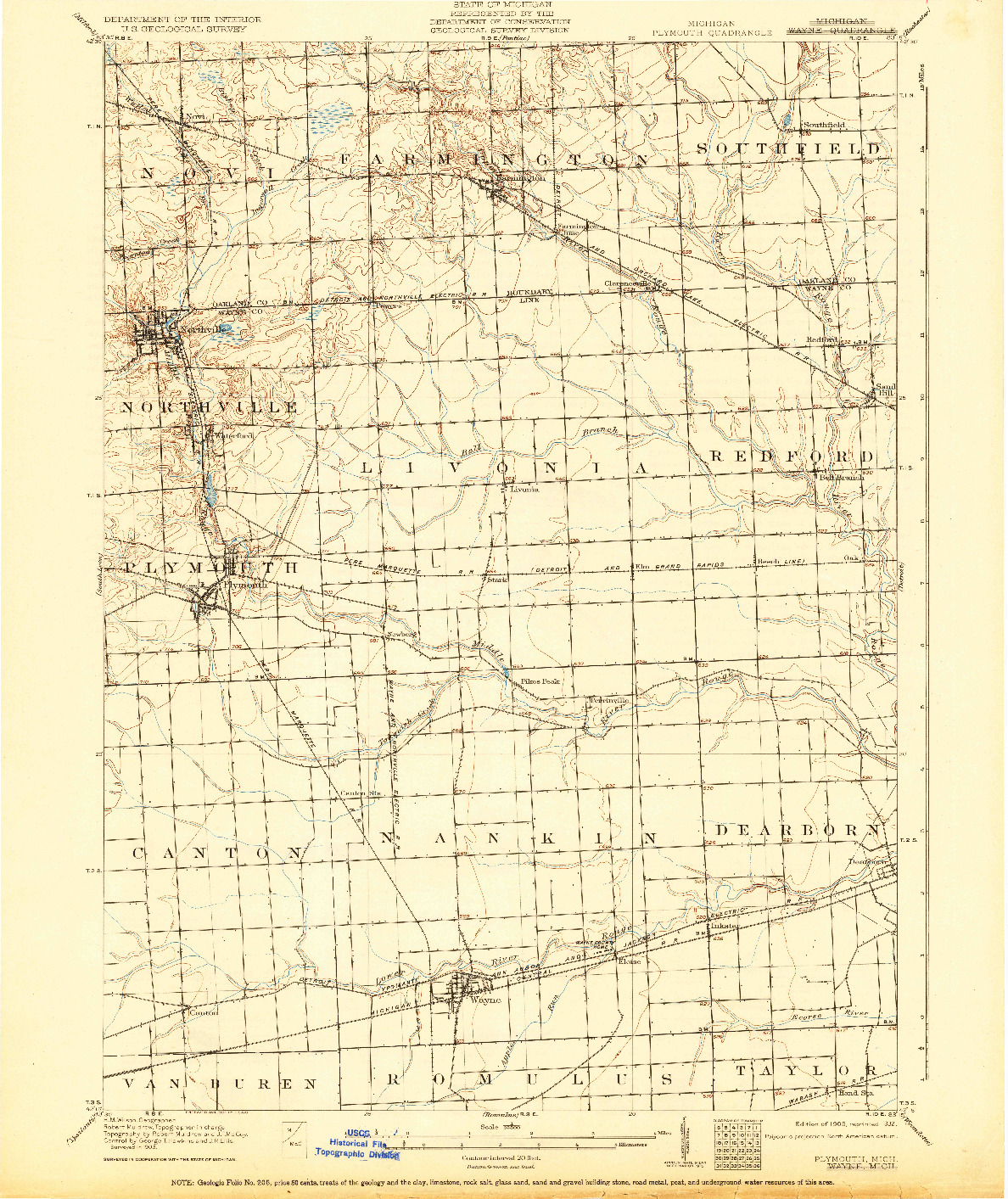 USGS 1:62500-SCALE QUADRANGLE FOR PLYMOUTH, MI 1905