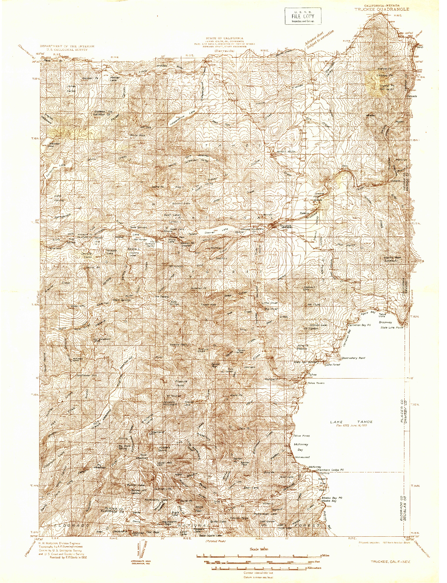 USGS 1:96000-SCALE QUADRANGLE FOR TRUCKEE, CA 1932