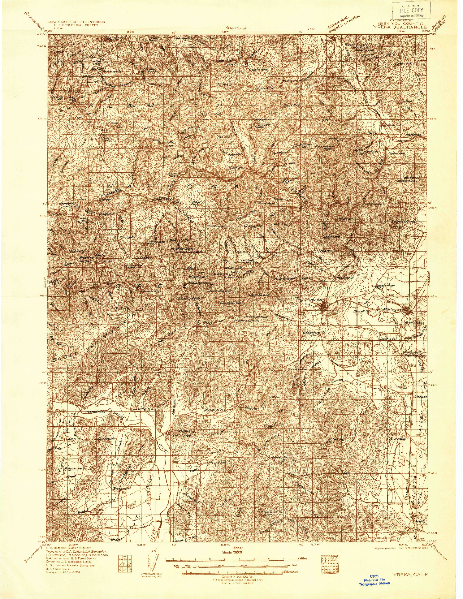 USGS 1:96000-SCALE QUADRANGLE FOR YREKA, CA 1932