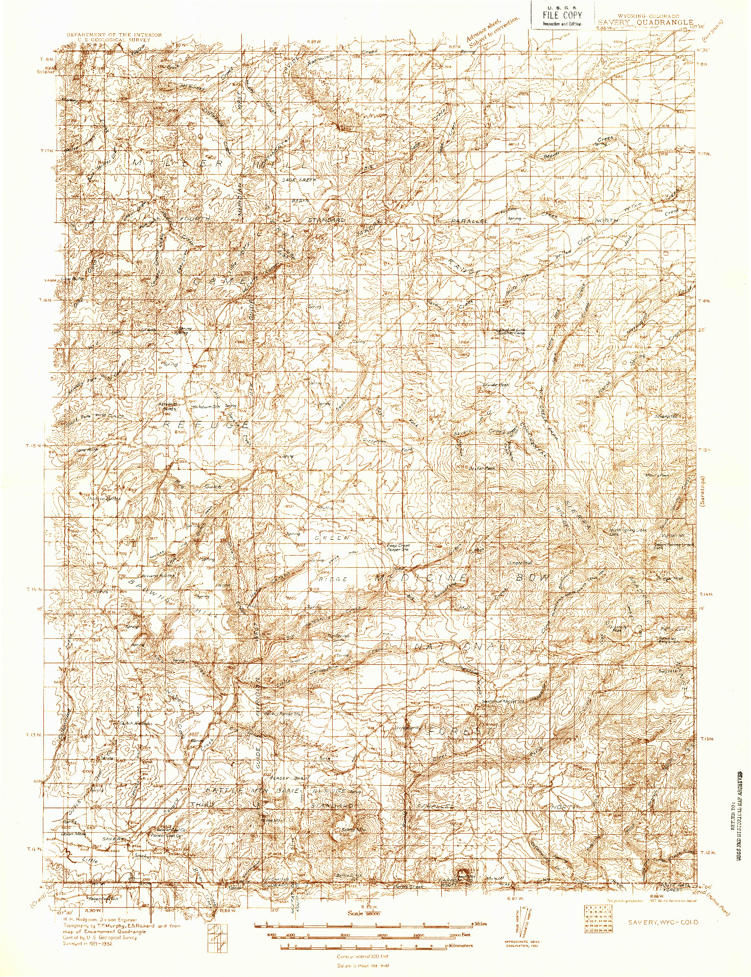 USGS 1:96000-SCALE QUADRANGLE FOR SAVERY, WY 1932