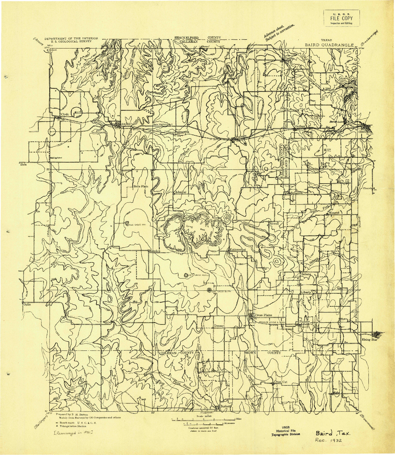 USGS 1:125000-SCALE QUADRANGLE FOR BAIRD, TX 1932