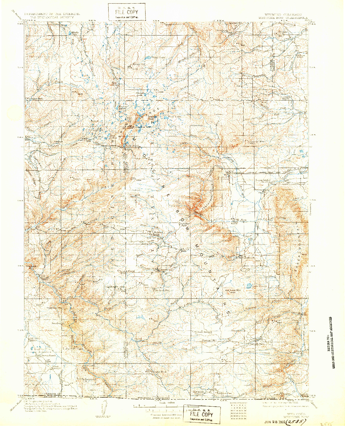 USGS 1:125000-SCALE QUADRANGLE FOR MEDICINE BOW, WY 1908