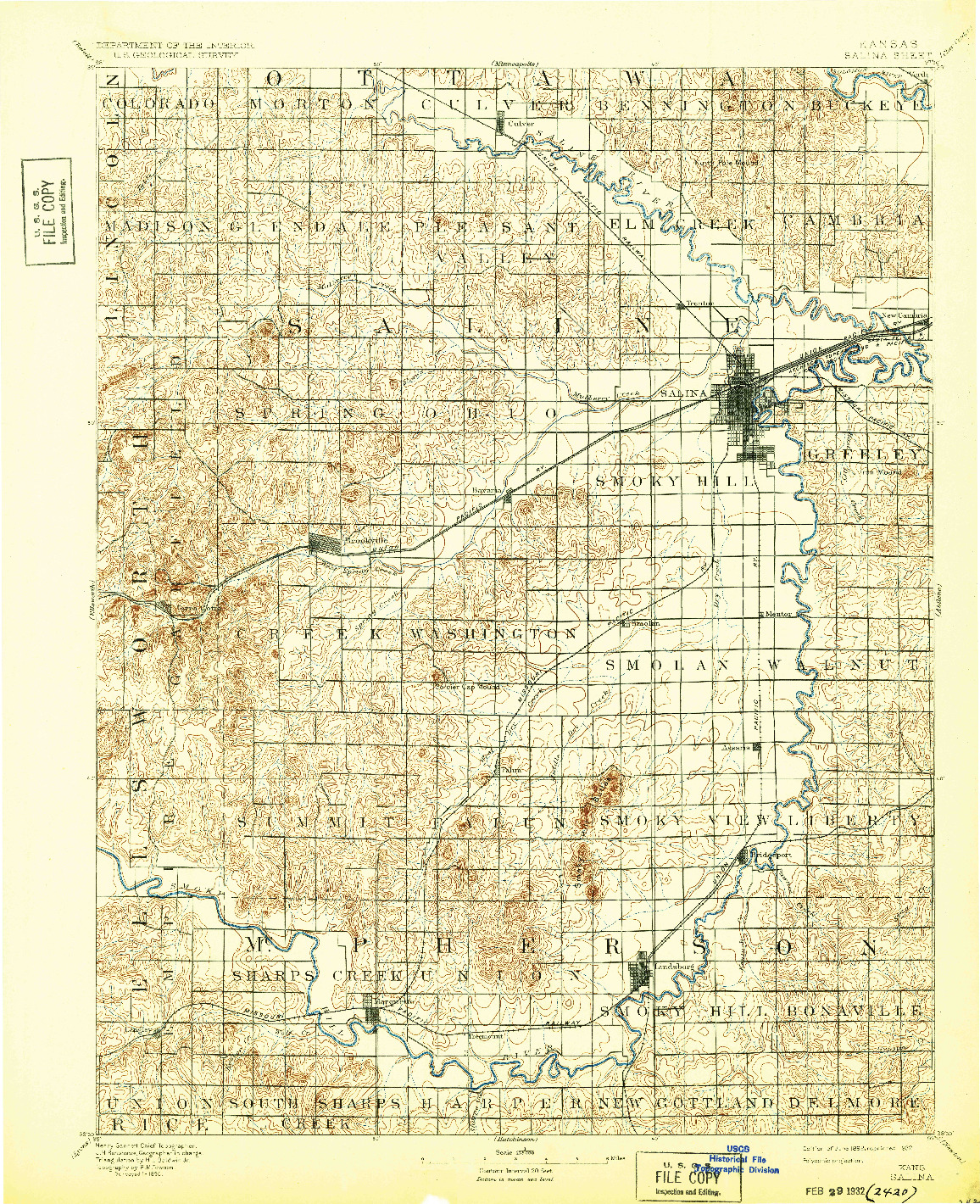 USGS 1:125000-SCALE QUADRANGLE FOR SALINA, KS 1892