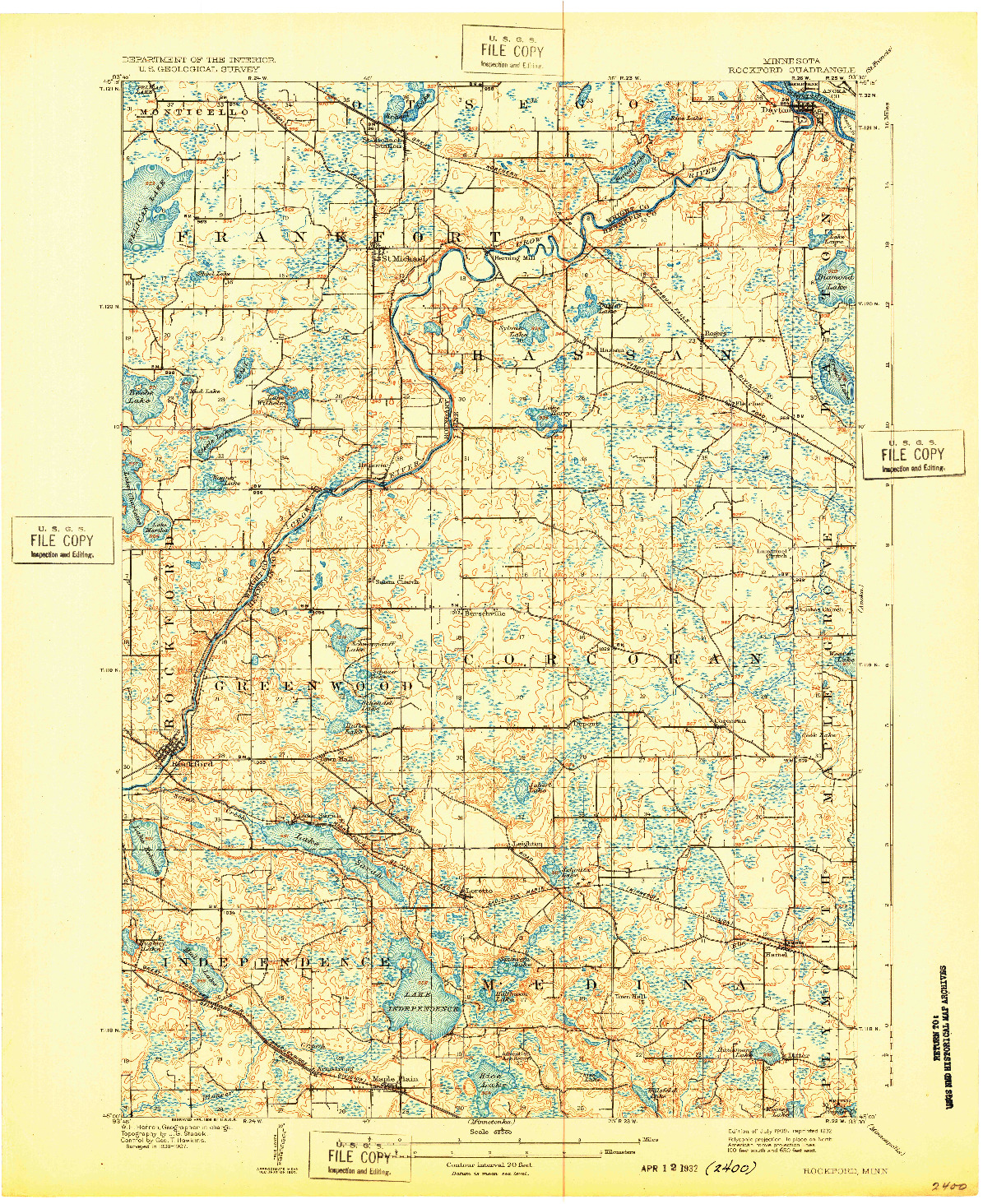 USGS 1:62500-SCALE QUADRANGLE FOR ROCKFORD, MN 1909