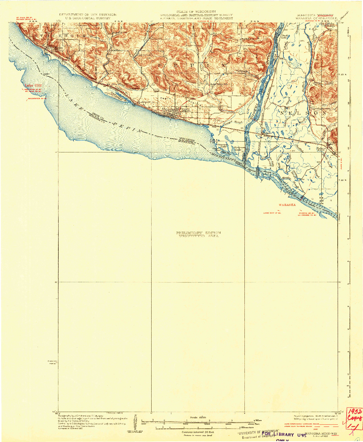 USGS 1:62500-SCALE QUADRANGLE FOR WABASHA, MN 1932