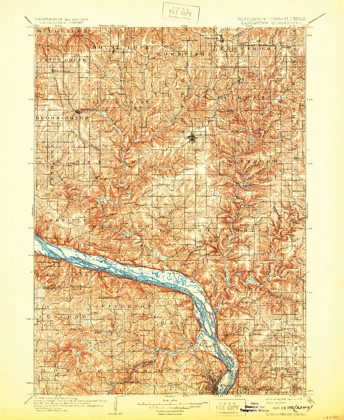 USGS 1:125000-SCALE QUADRANGLE FOR LANCASTER, WI 1908