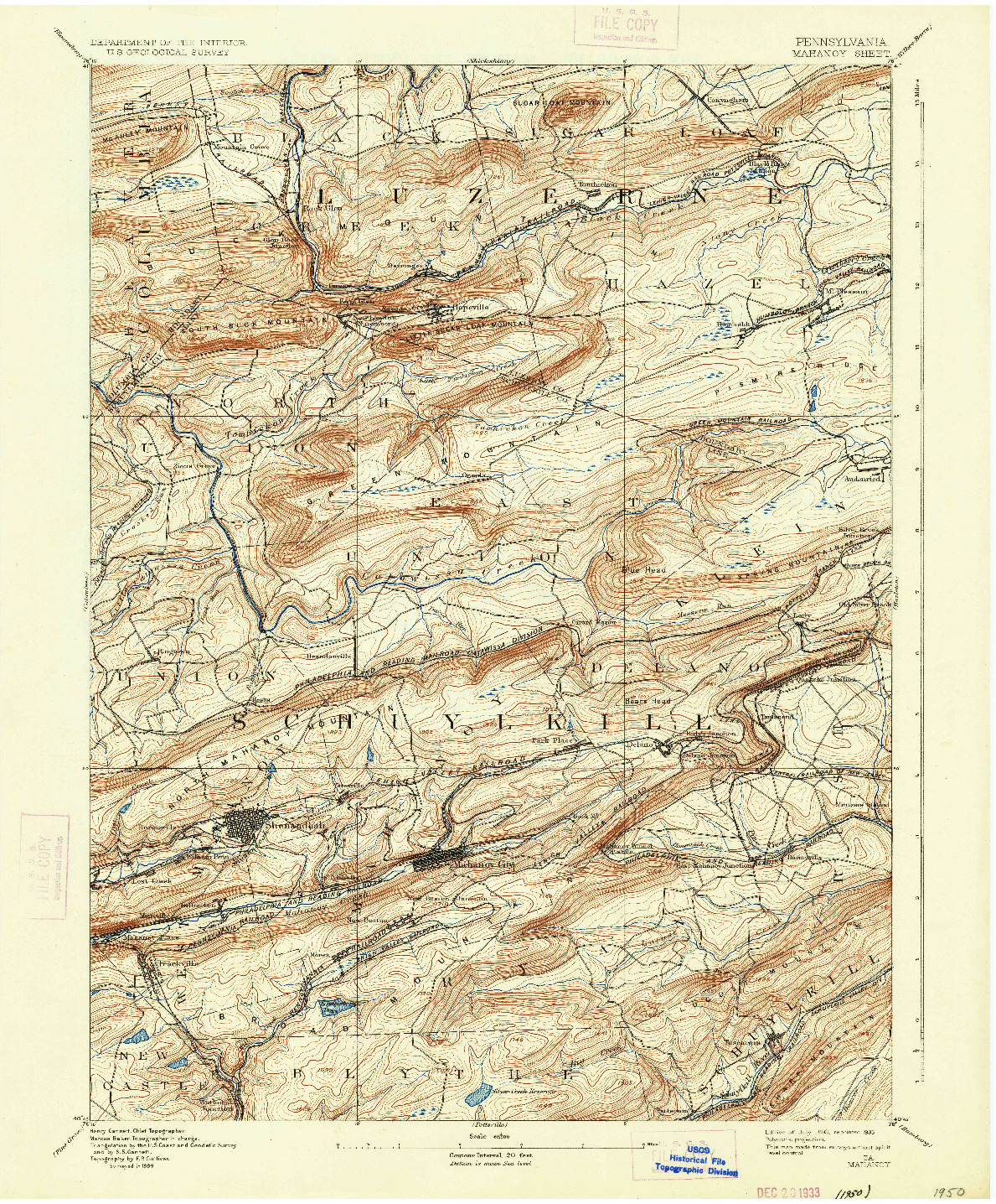 USGS 1:62500-SCALE QUADRANGLE FOR MAHANOY, PA 1893