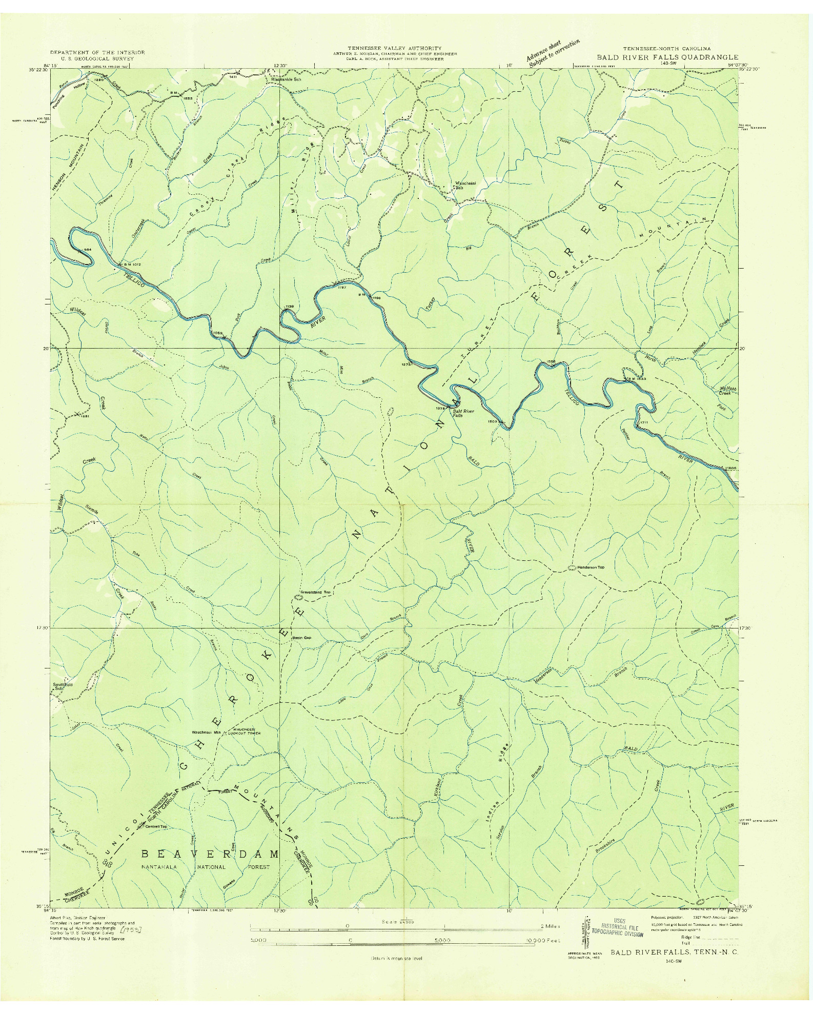 USGS 1:24000-SCALE QUADRANGLE FOR BALD RIVER FALLS, TN 1933