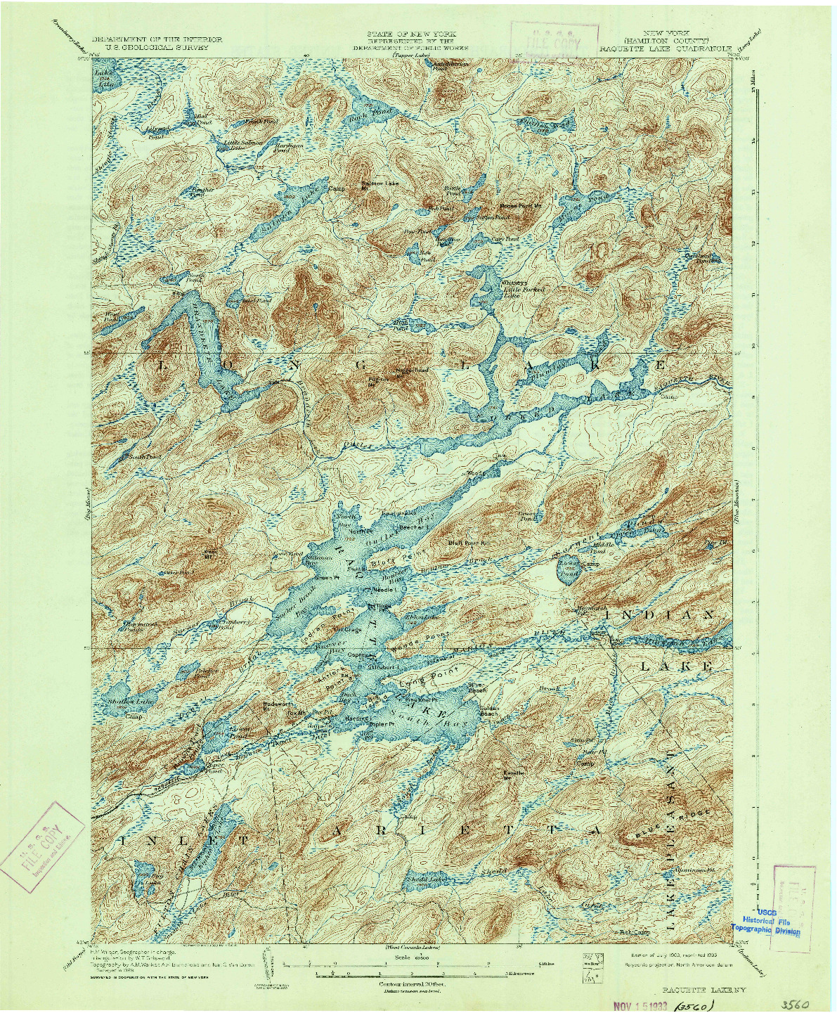 USGS 1:62500-SCALE QUADRANGLE FOR RAQUETTE LAKE, NY 1903