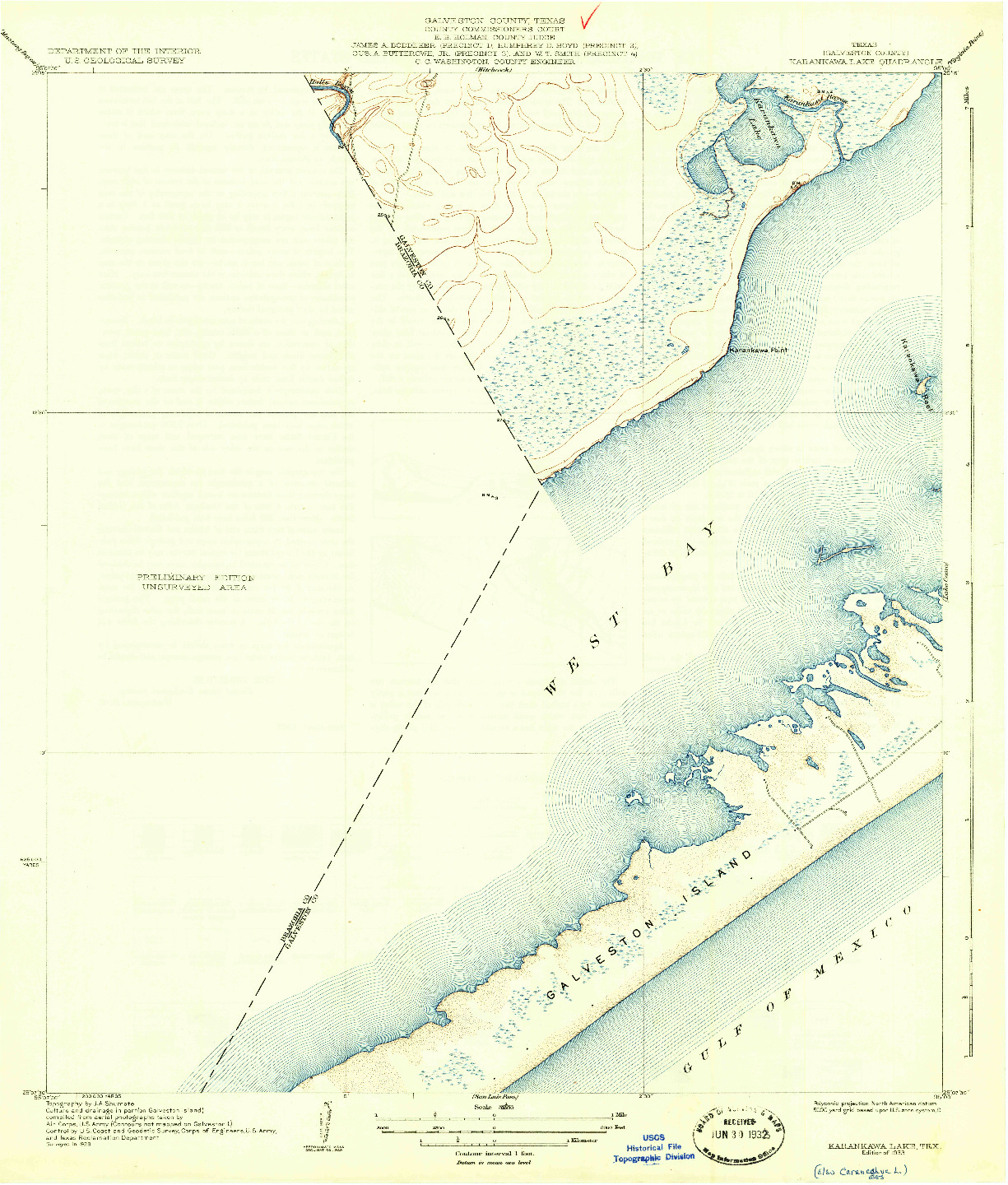 USGS 1:31680-SCALE QUADRANGLE FOR KARANKAWA LAKE, TX 1933