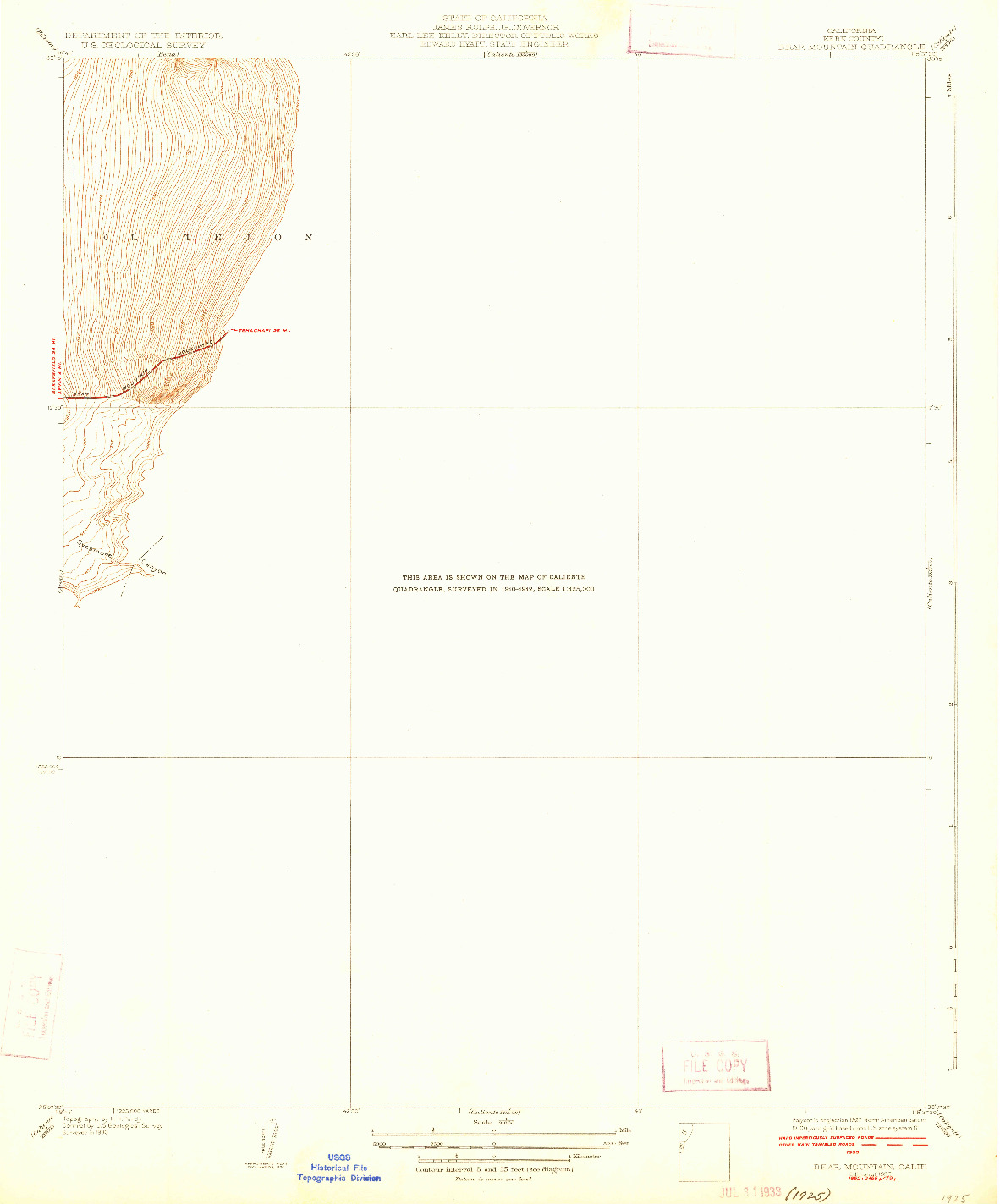 USGS 1:31680-SCALE QUADRANGLE FOR BEAR MOUNTAIN, CA 1933