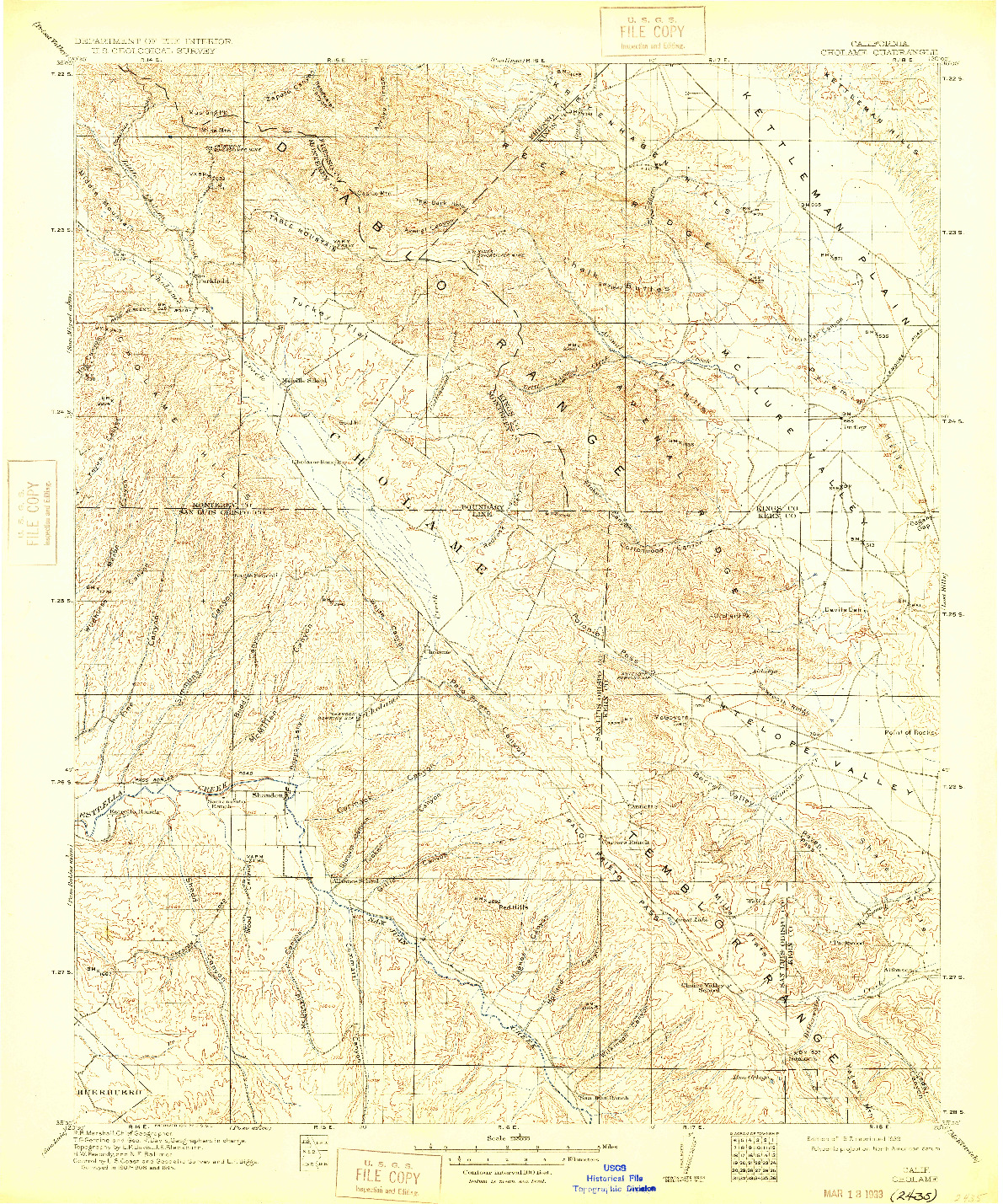 USGS 1:125000-SCALE QUADRANGLE FOR CHOLAME, CA 1917