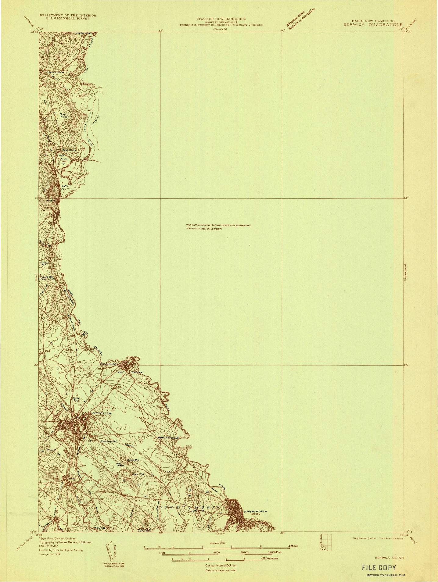 USGS 1:48000-SCALE QUADRANGLE FOR BERWICK, ME 1933