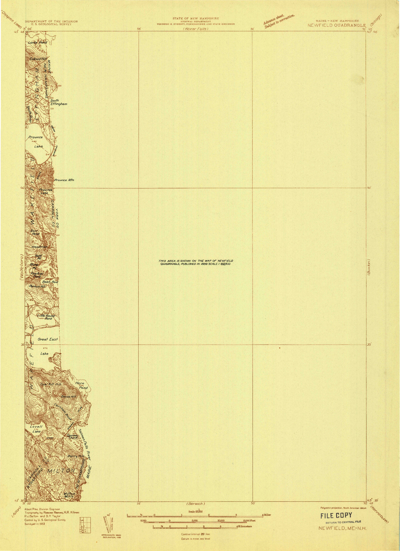 USGS 1:48000-SCALE QUADRANGLE FOR NEWFIELD, ME 1933