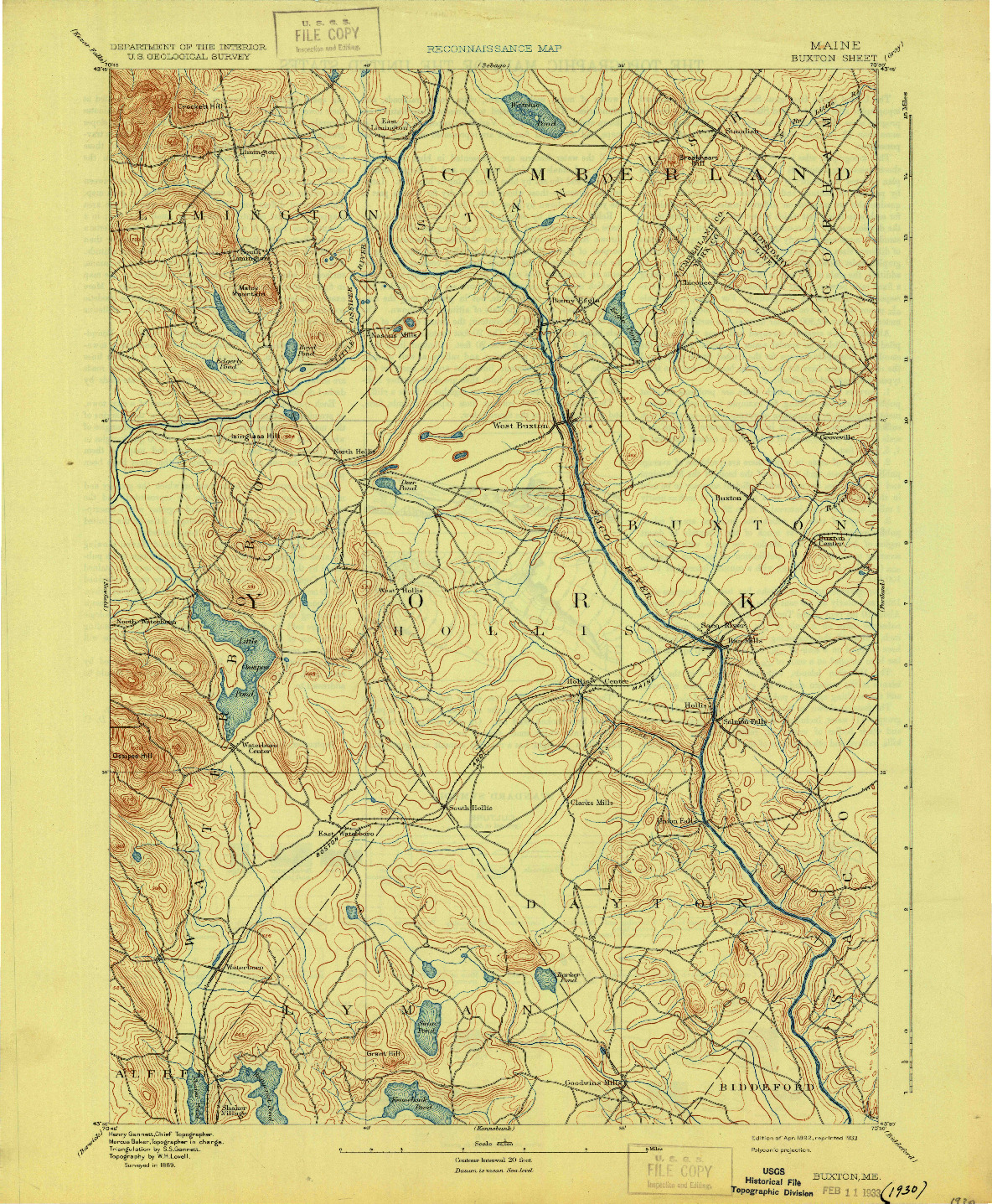 USGS 1:62500-SCALE QUADRANGLE FOR BUXTON, ME 1892