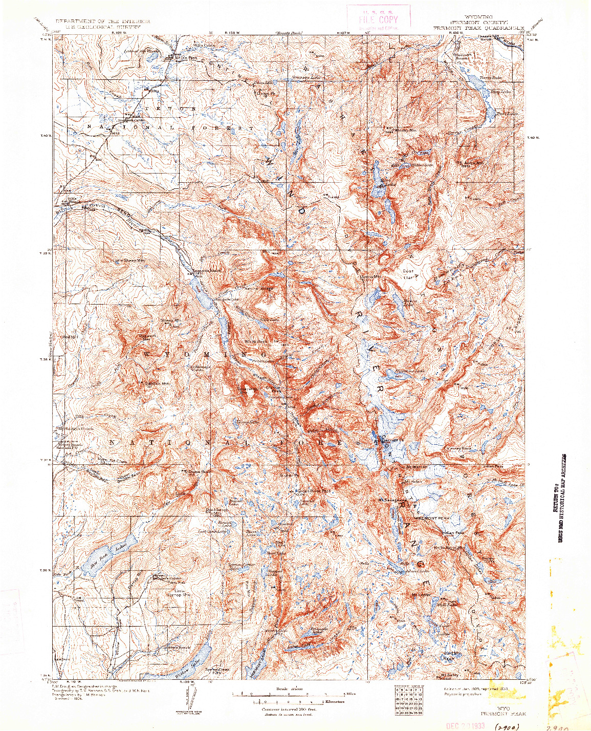 USGS 1:125000-SCALE QUADRANGLE FOR FREMONT PEAK, WY 1909