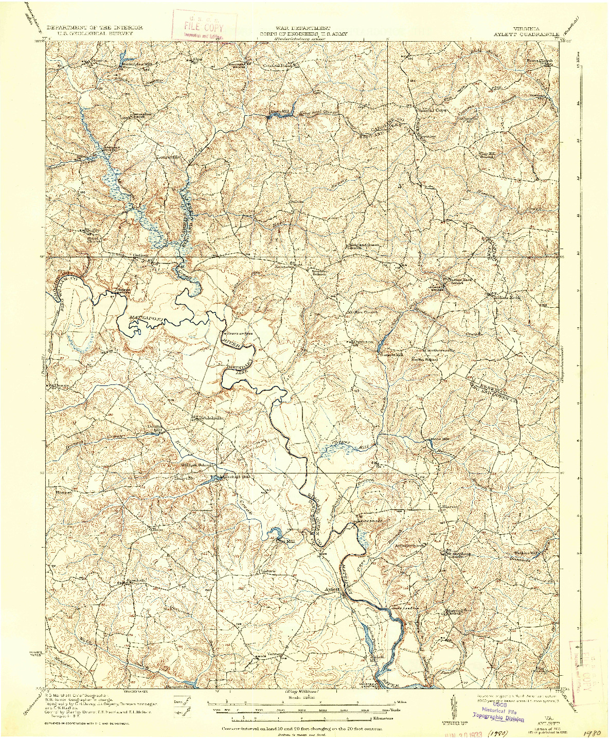 USGS 1:62500-SCALE QUADRANGLE FOR AYLETT, VA 1933