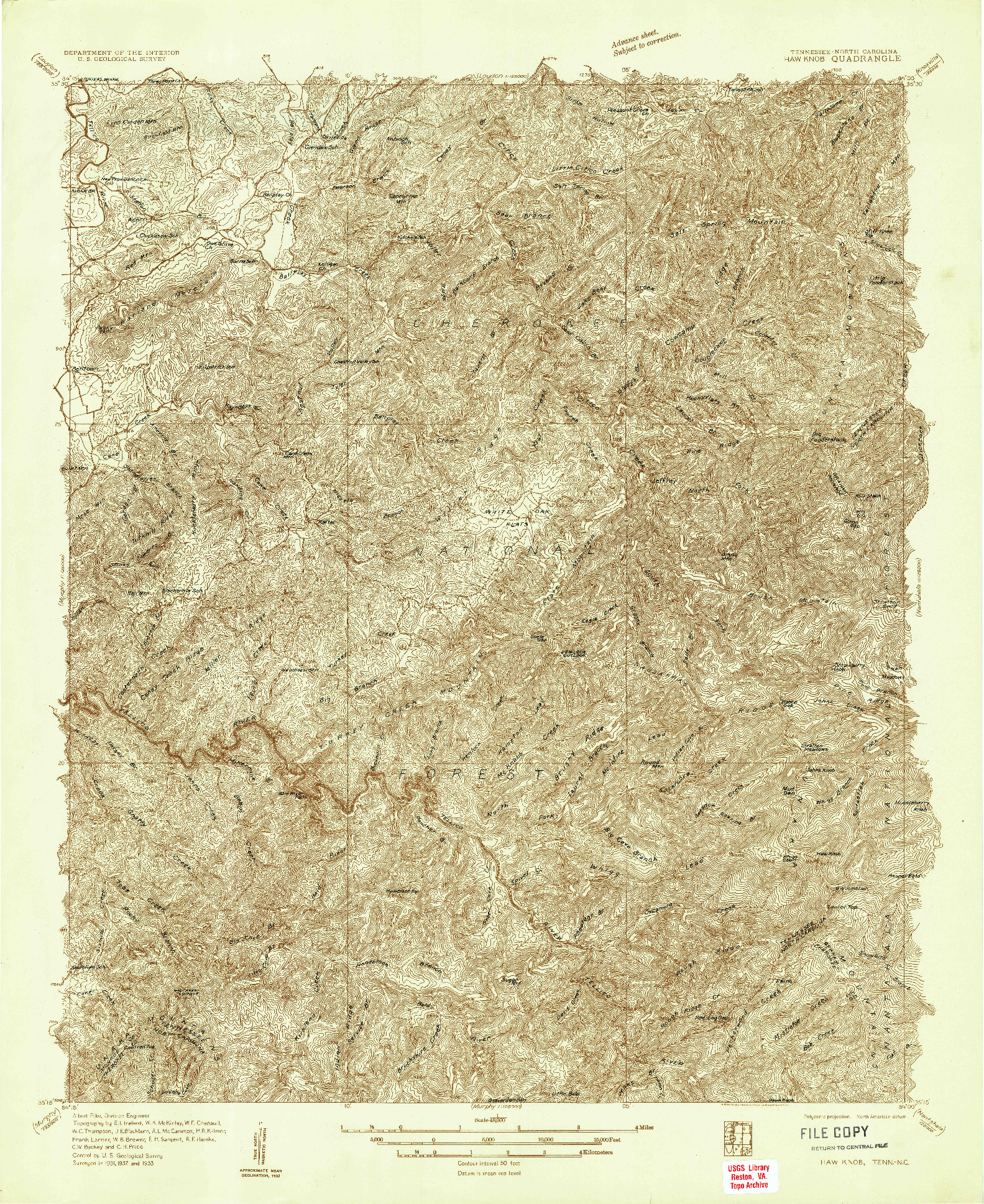 USGS 1:48000-SCALE QUADRANGLE FOR HAW KNOB, TN 1933