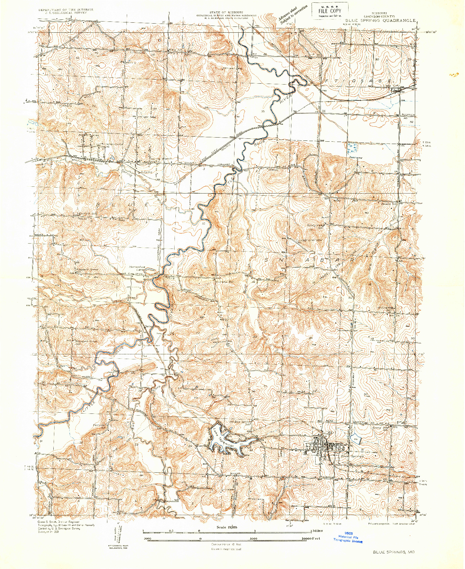 USGS 1:24000-SCALE QUADRANGLE FOR BLUE SPRINGS, MO 1933