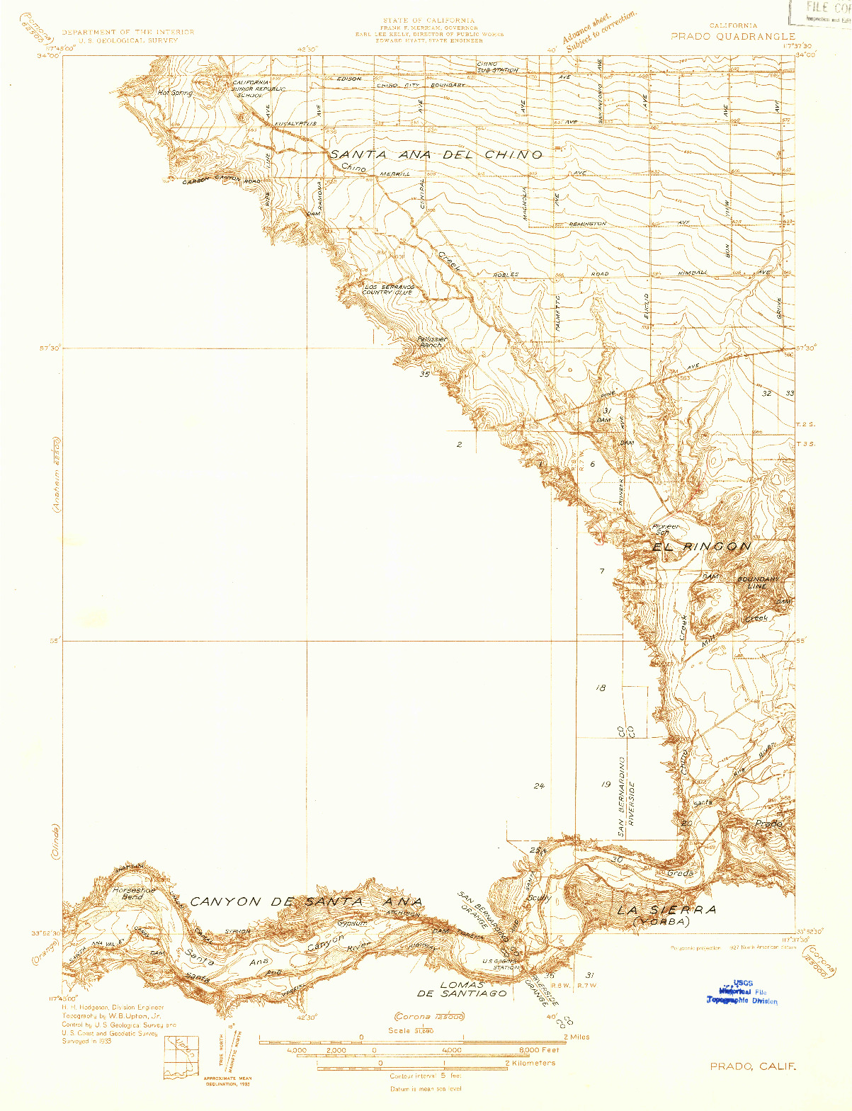 USGS 1:31680-SCALE QUADRANGLE FOR PRADO, CA 1933