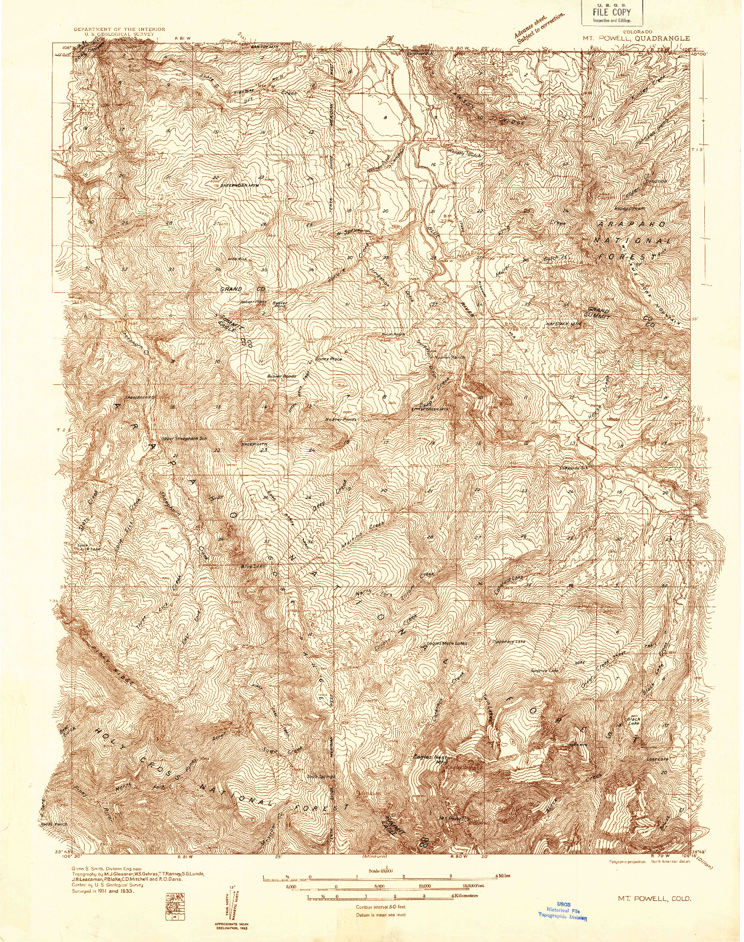 USGS 1:48000-SCALE QUADRANGLE FOR MT. POWELL, CO 1933