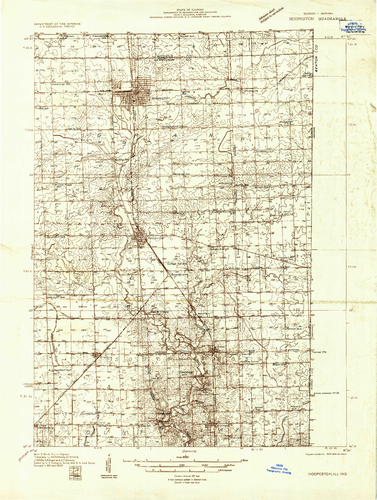 USGS 1:48000-SCALE QUADRANGLE FOR HOOPESTON, IL 1933