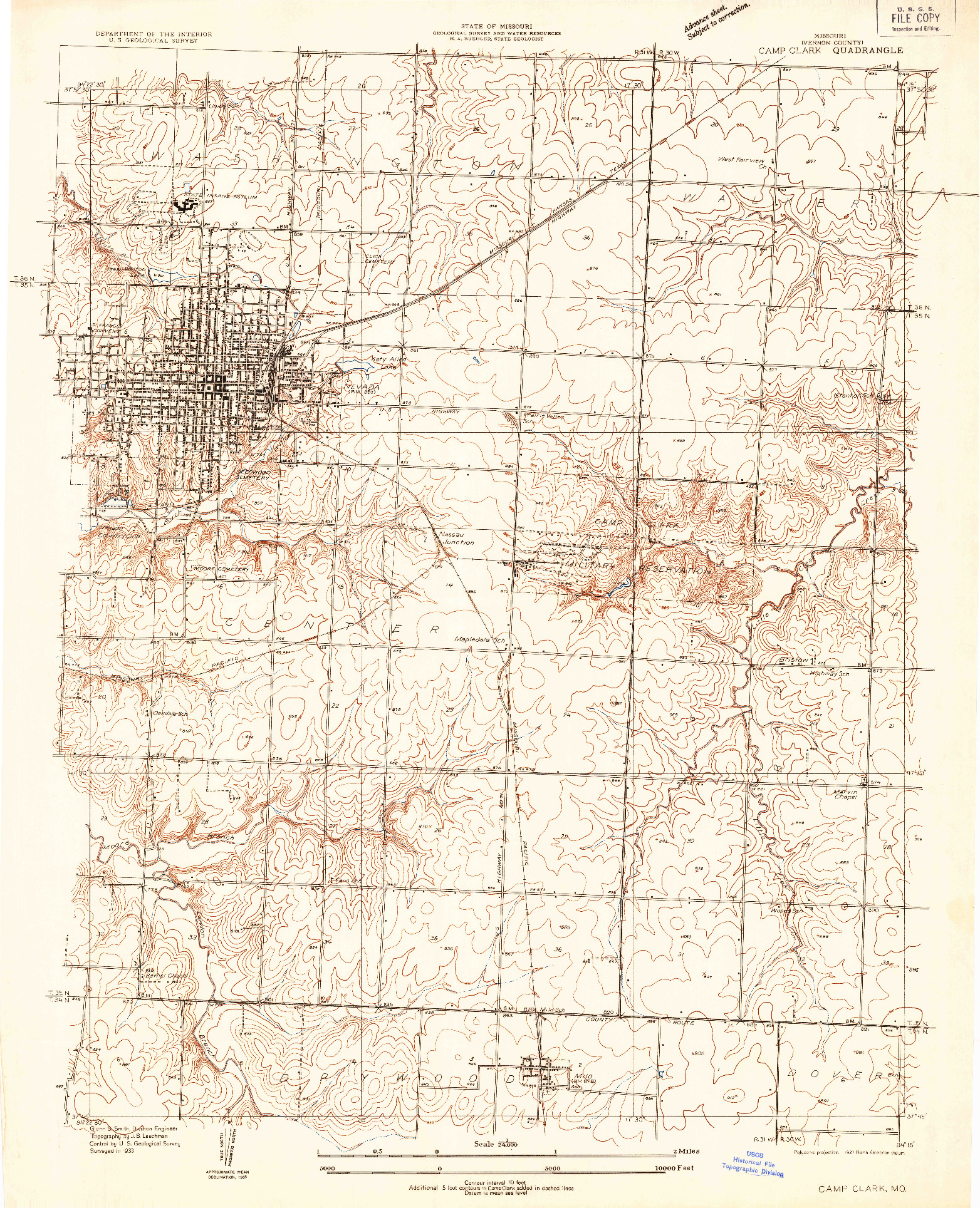 USGS 1:24000-SCALE QUADRANGLE FOR CAMP CLARK, MO 1933