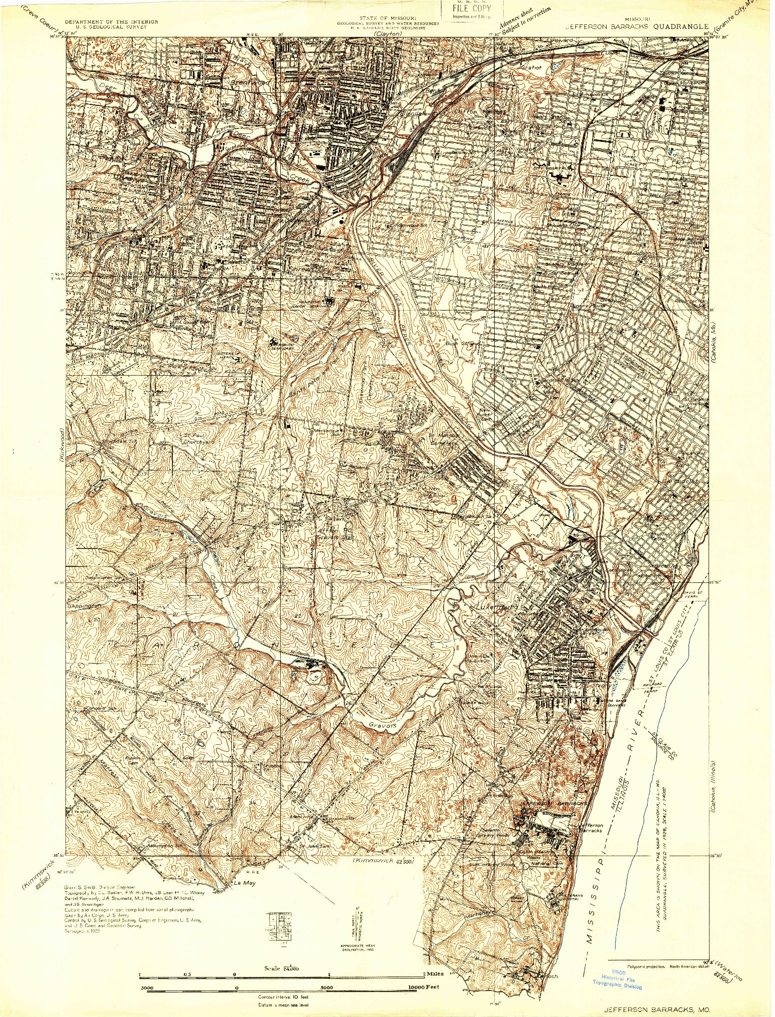 USGS 1:24000-SCALE QUADRANGLE FOR JEFFERSON BARRACKS, MO 1933