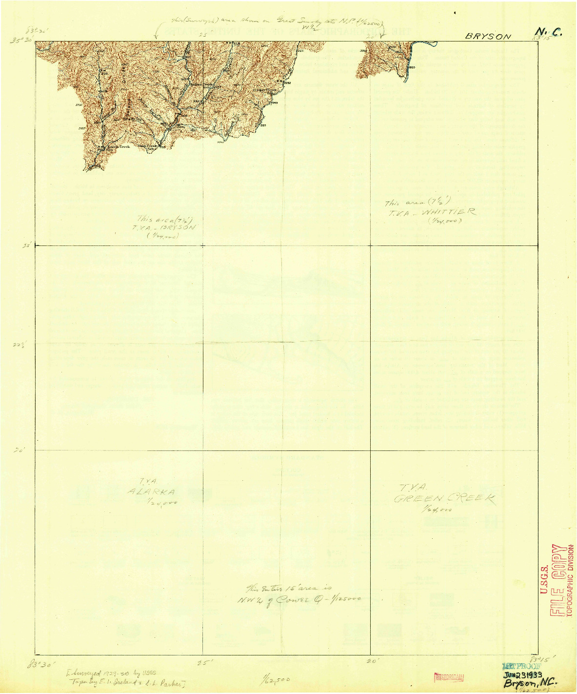 USGS 1:62500-SCALE QUADRANGLE FOR BRYSON, NC 1933