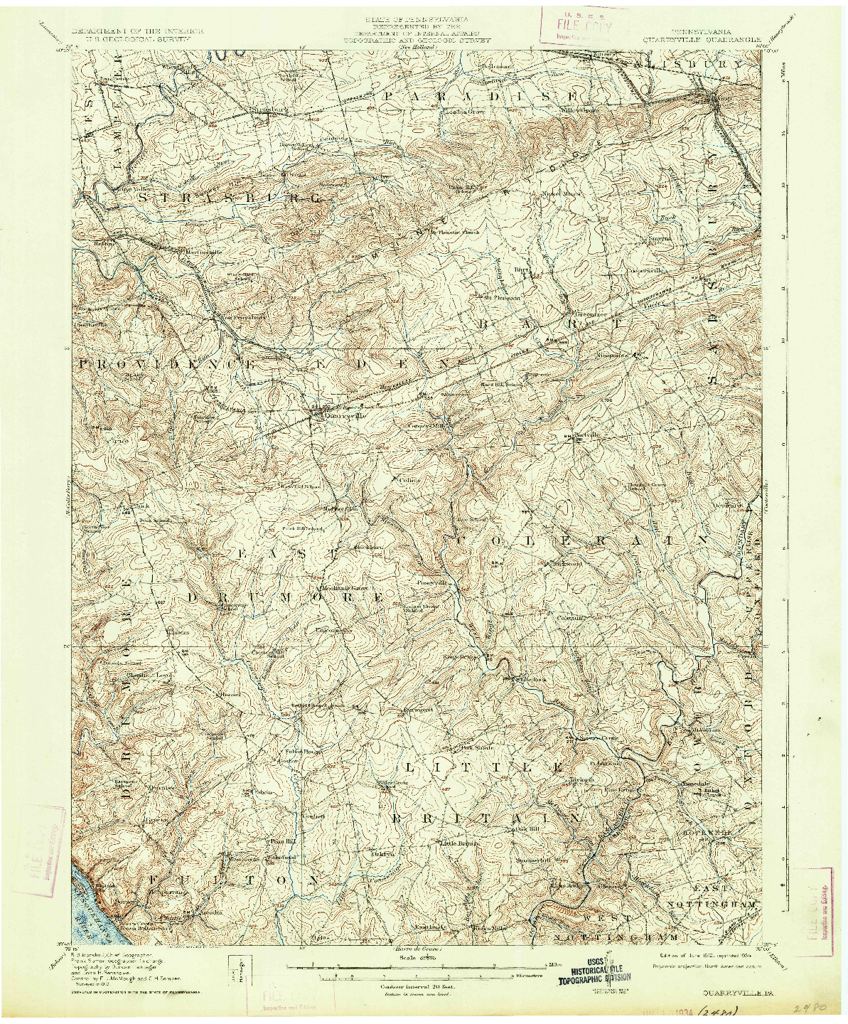 USGS 1:62500-SCALE QUADRANGLE FOR QUARRYVILLE, PA 1912