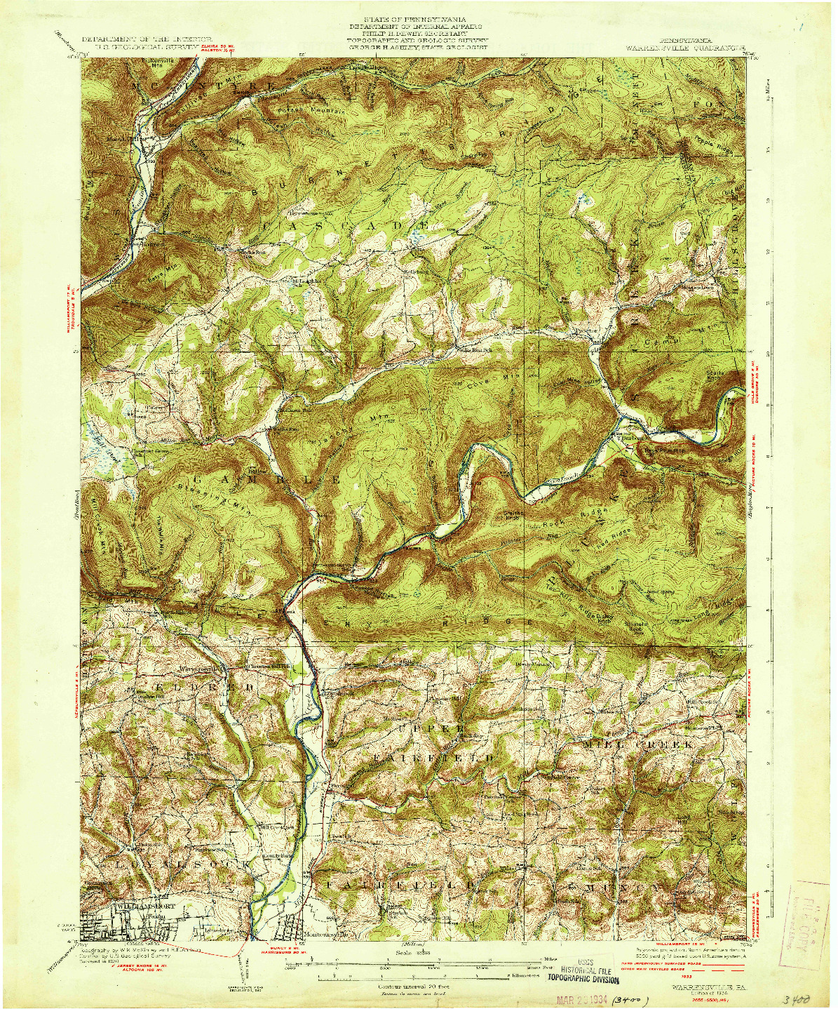 USGS 1:62500-SCALE QUADRANGLE FOR WARRENSVILLE, PA 1934