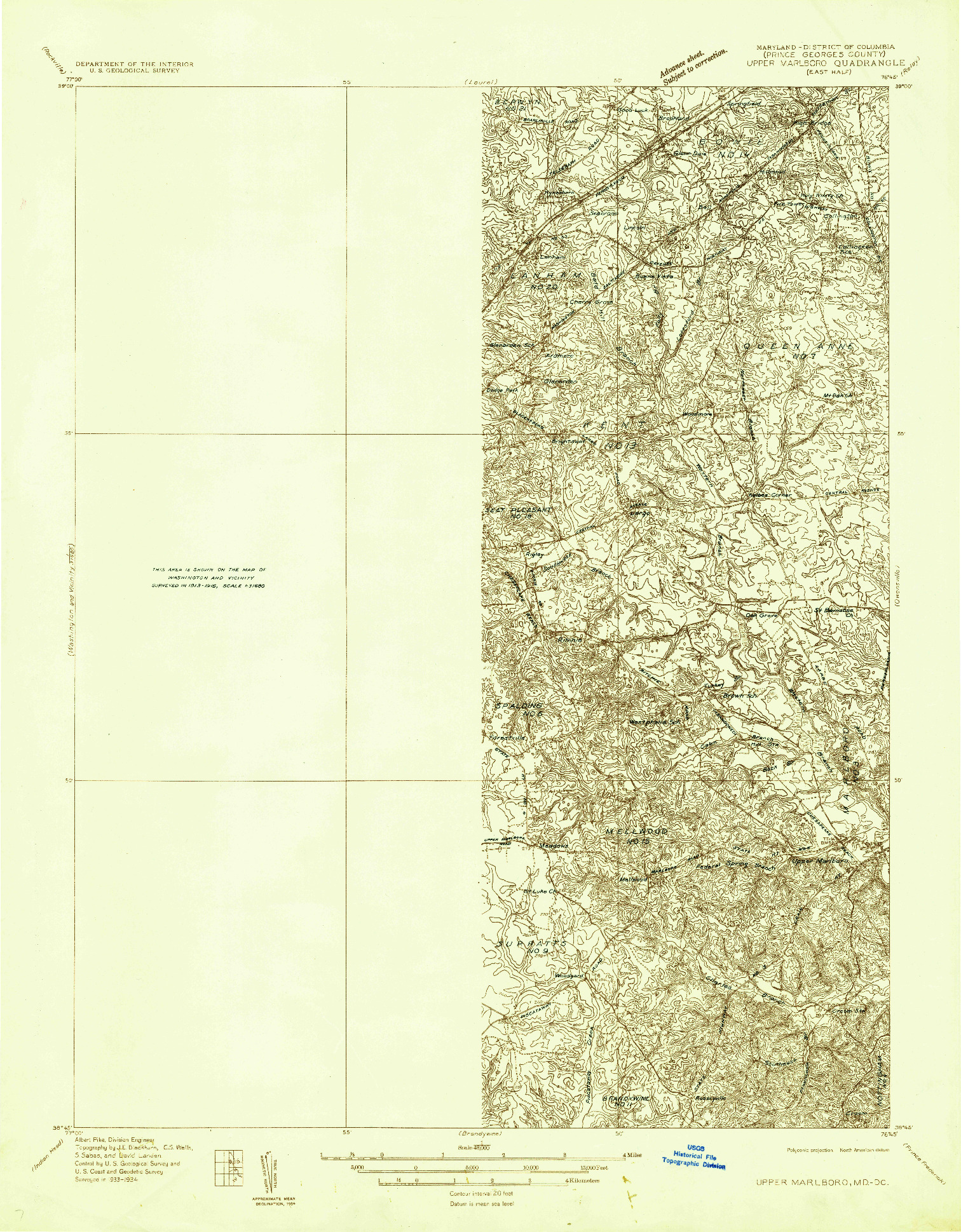 USGS 1:48000-SCALE QUADRANGLE FOR UPPER MARLBORO (EAST HALF), MD 1934