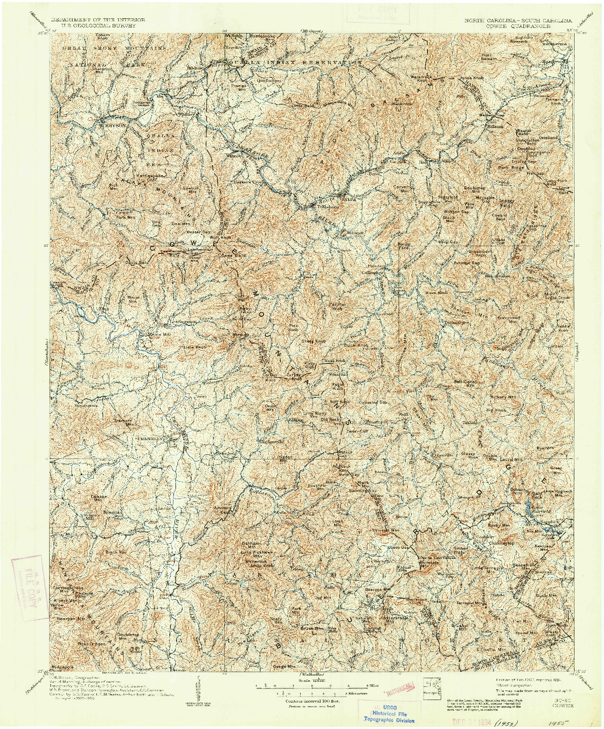 USGS 1:125000-SCALE QUADRANGLE FOR COWEE, NC 1907