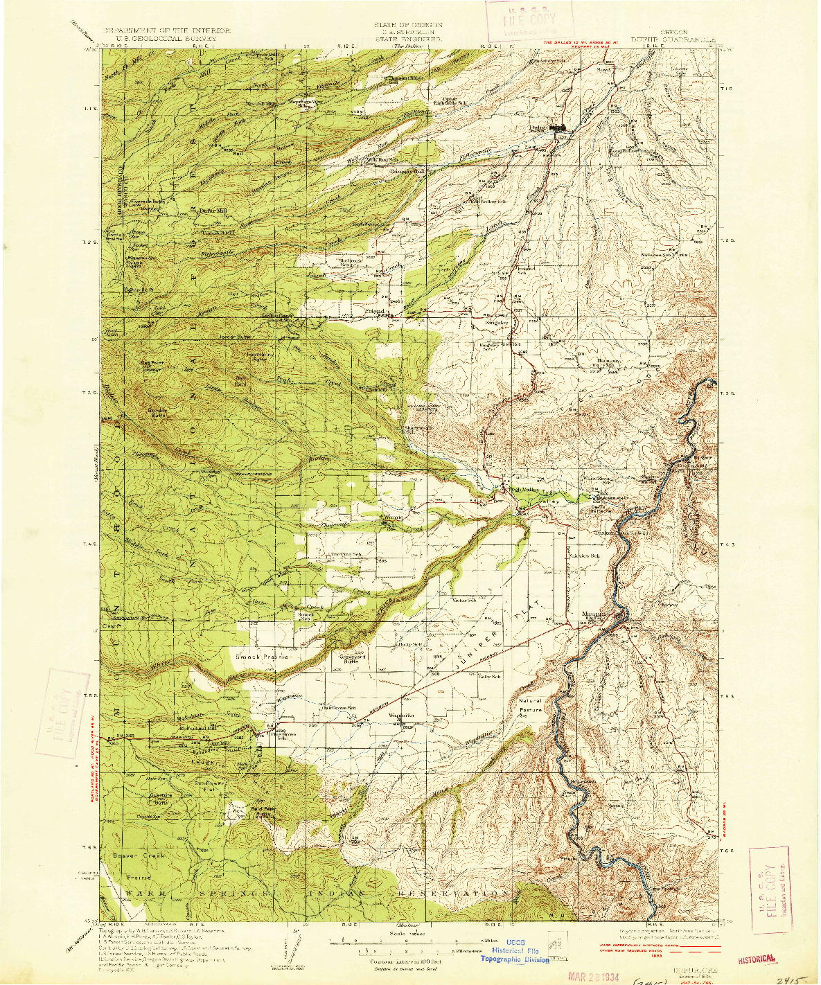 USGS 1:125000-SCALE QUADRANGLE FOR DUFUR, OR 1934