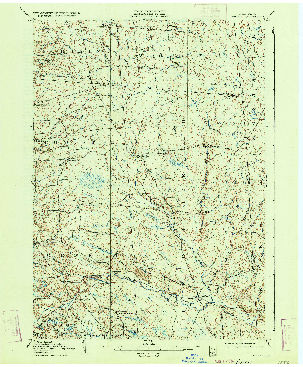 USGS 1:62500-SCALE QUADRANGLE FOR ORWELL, NY 1905