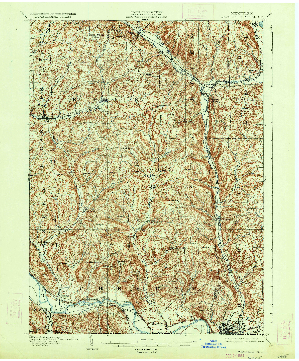 USGS 1:62500-SCALE QUADRANGLE FOR WAVERLY, NY 1902