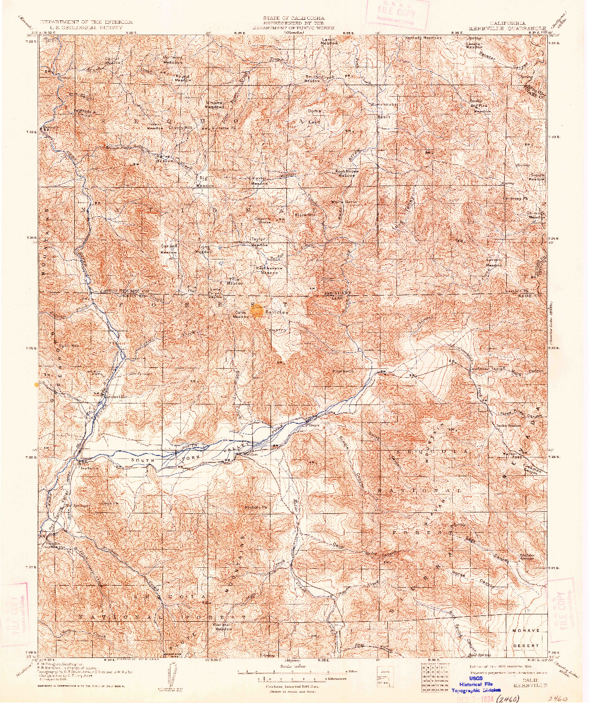 USGS 1:125000-SCALE QUADRANGLE FOR KERNVILLE, CA 1908