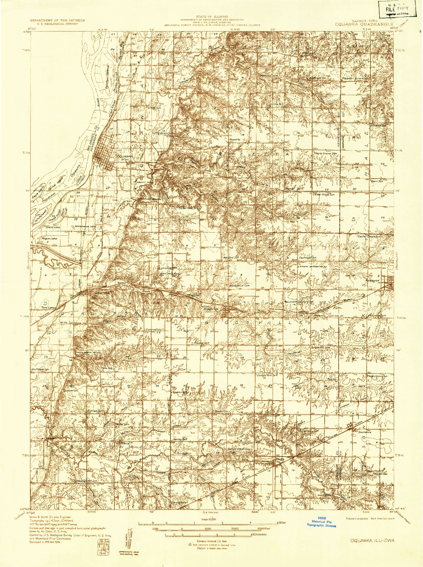 USGS 1:48000-SCALE QUADRANGLE FOR OQUAWKA, IL 1934