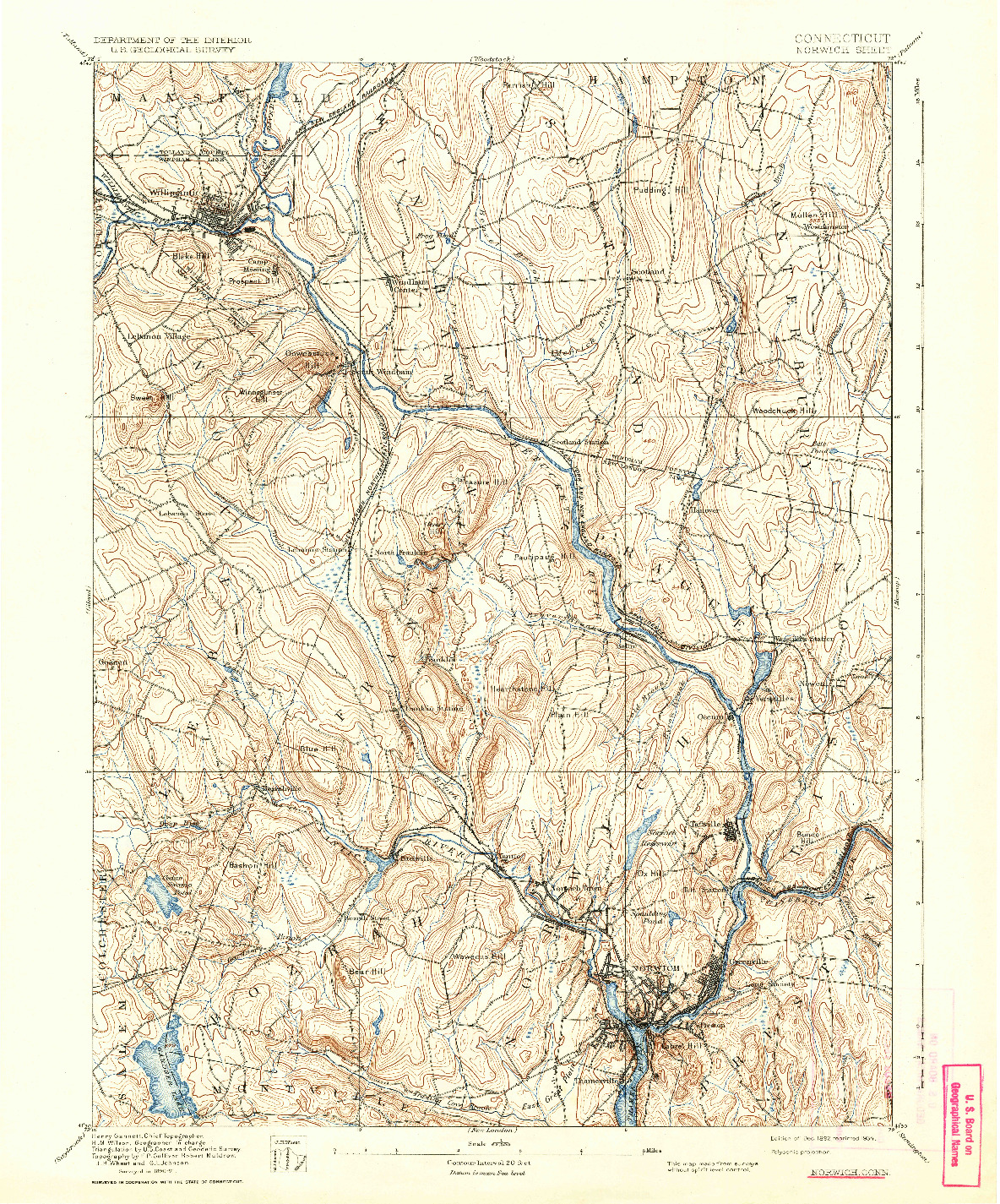 USGS 1:62500-SCALE QUADRANGLE FOR NORWICH, CT 1892