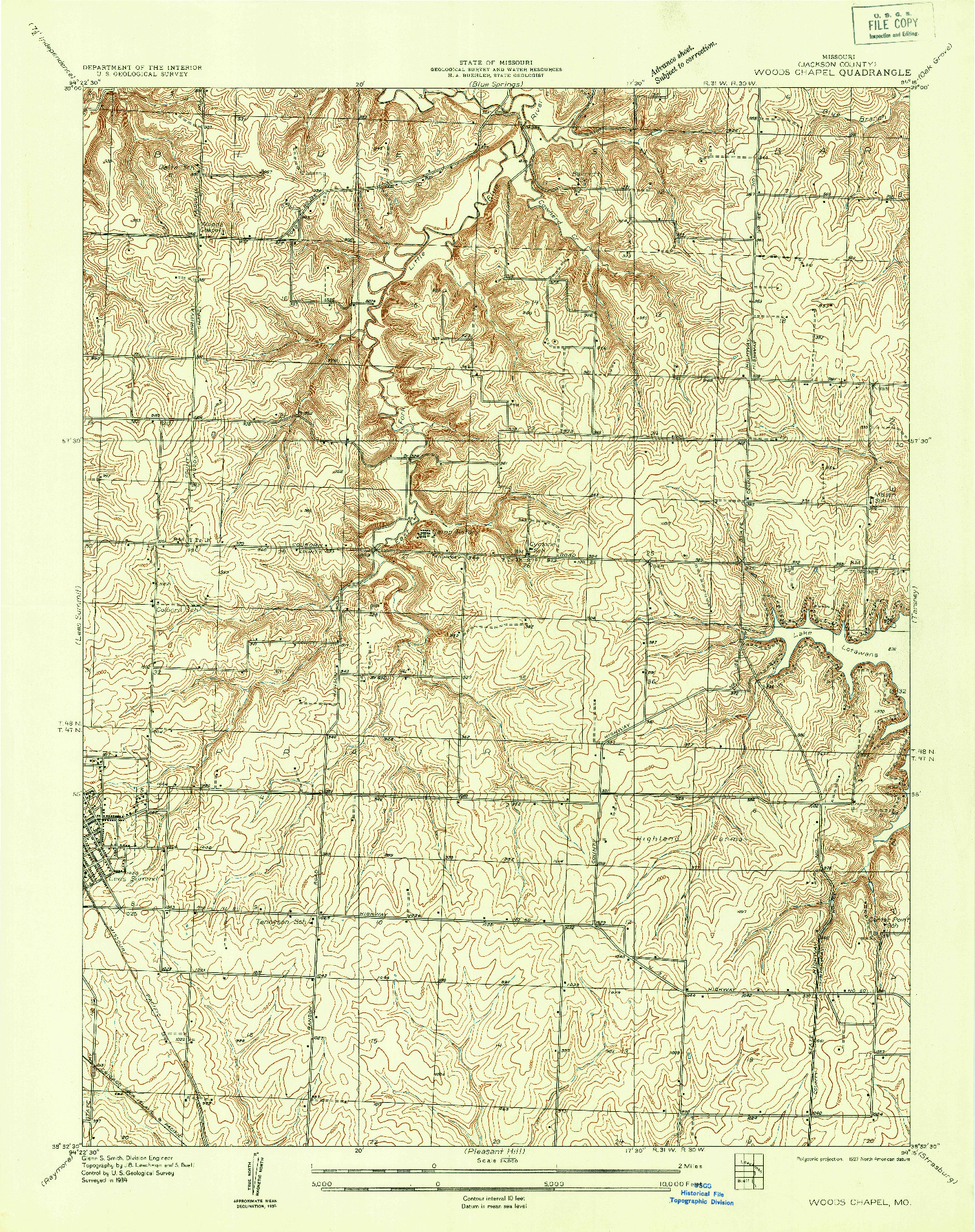 USGS 1:24000-SCALE QUADRANGLE FOR WOODS CHAPEL, MO 1934