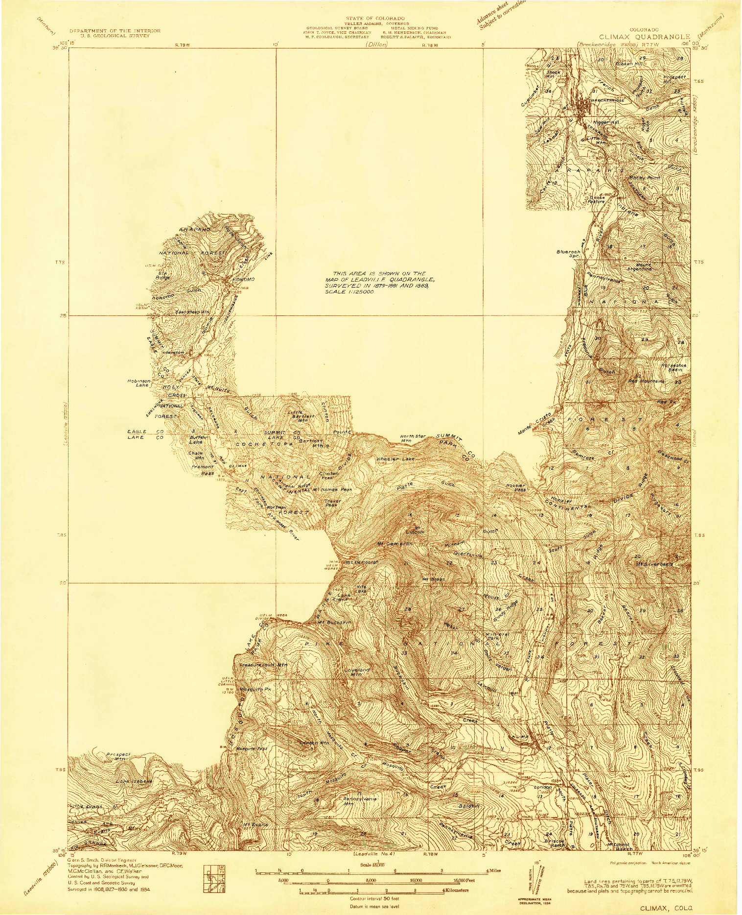USGS 1:48000-SCALE QUADRANGLE FOR CLIMAX, CO 1934