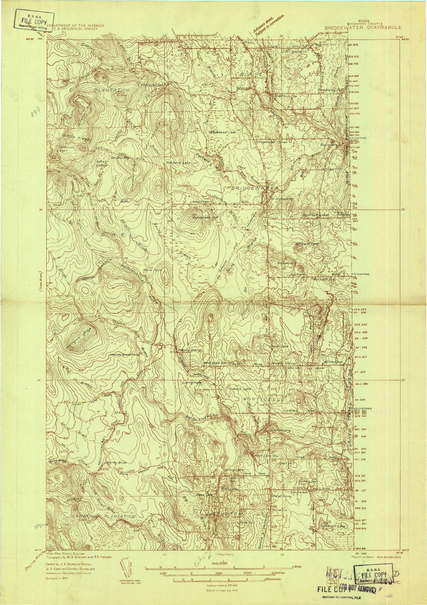 USGS 1:48000-SCALE QUADRANGLE FOR BRIDGEWATER, ME 1934