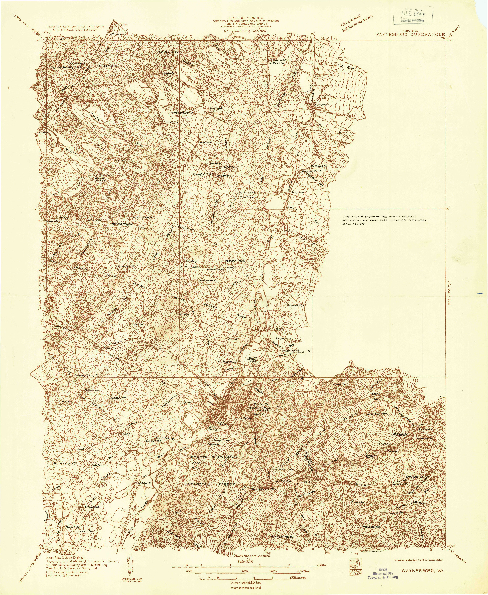 USGS 1:48000-SCALE QUADRANGLE FOR WAYNESBORO, VA 1934