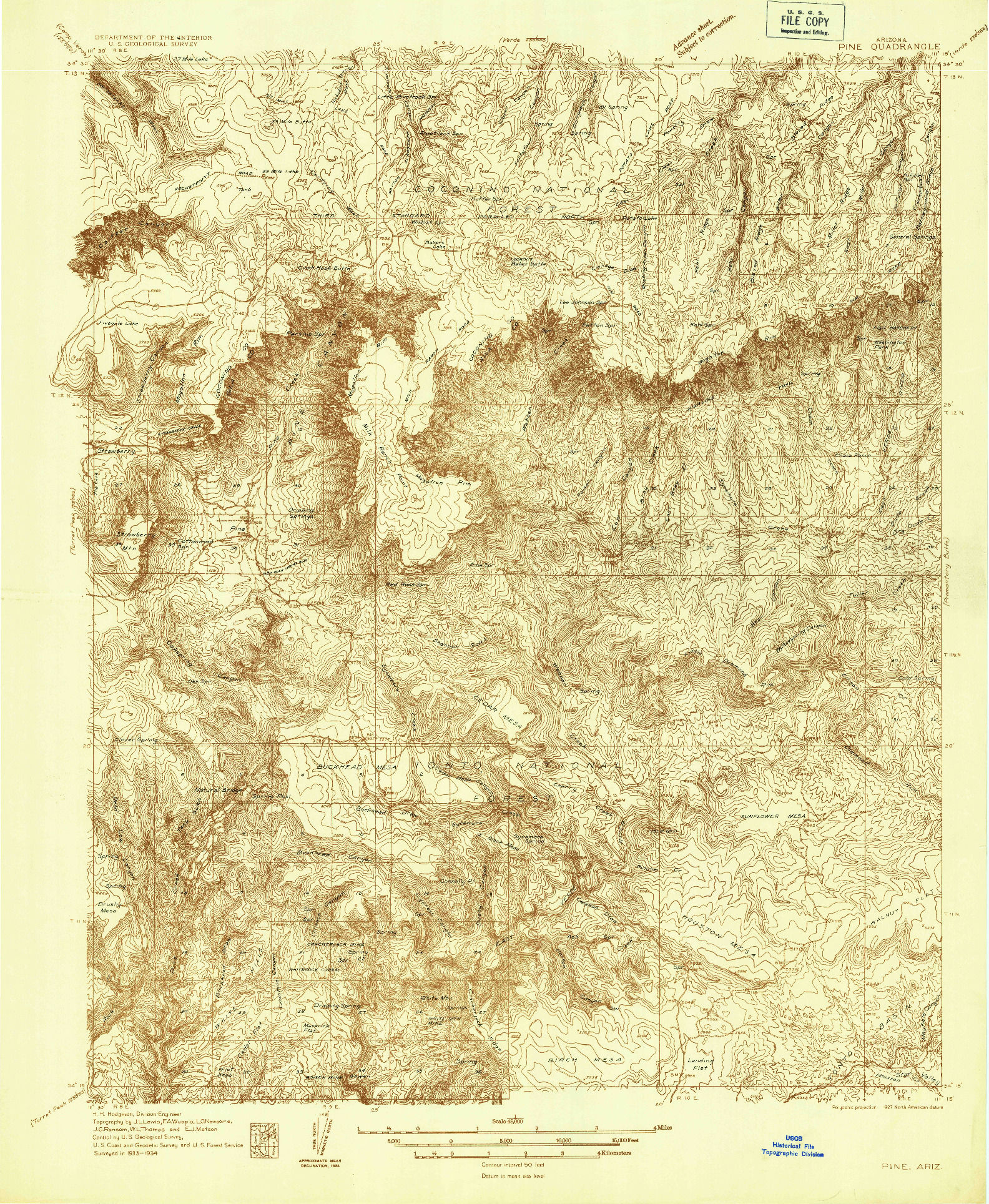 USGS 1:48000-SCALE QUADRANGLE FOR PINE, AZ 1934
