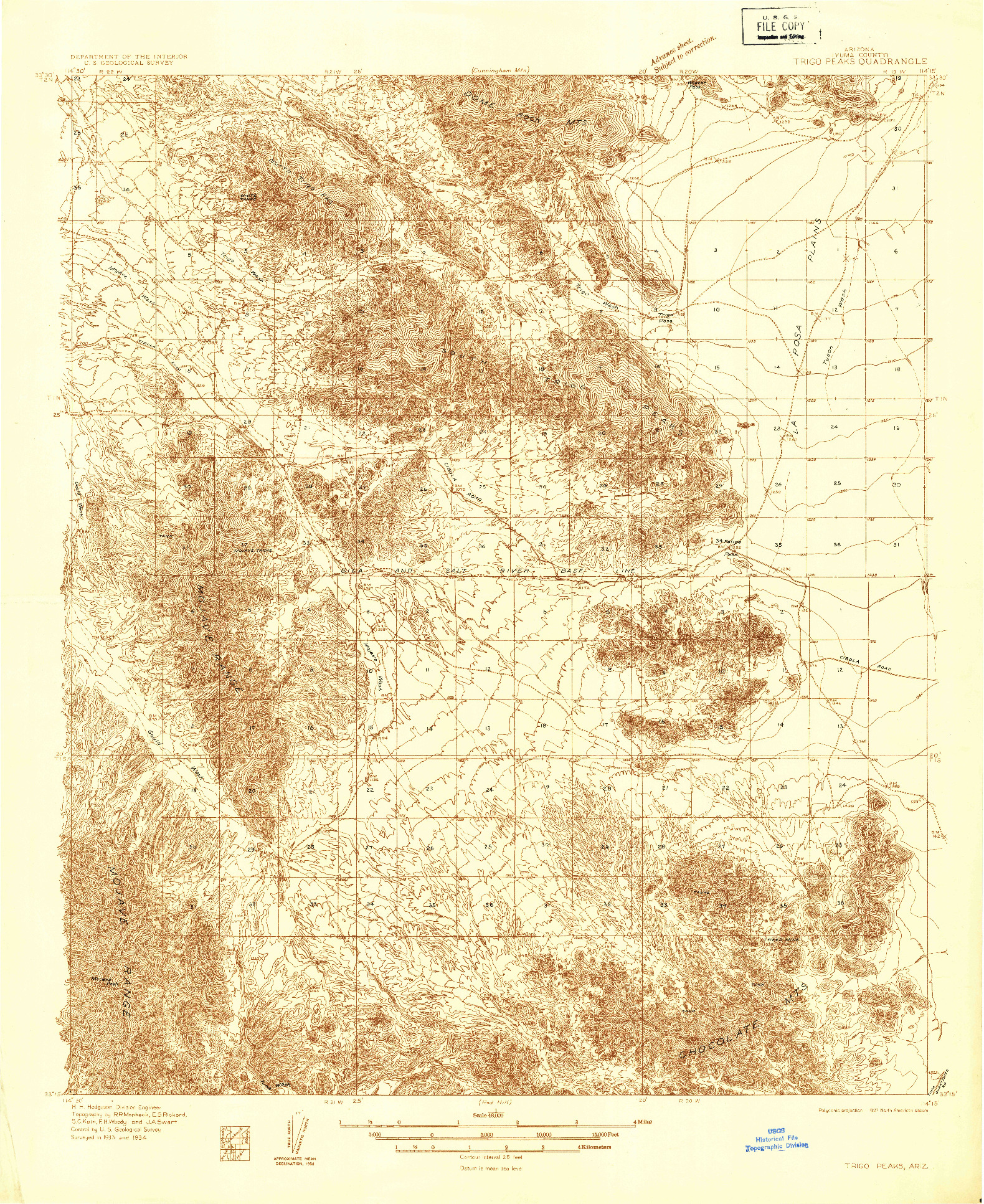 USGS 1:48000-SCALE QUADRANGLE FOR TRIGO PEAKS, AZ 1934