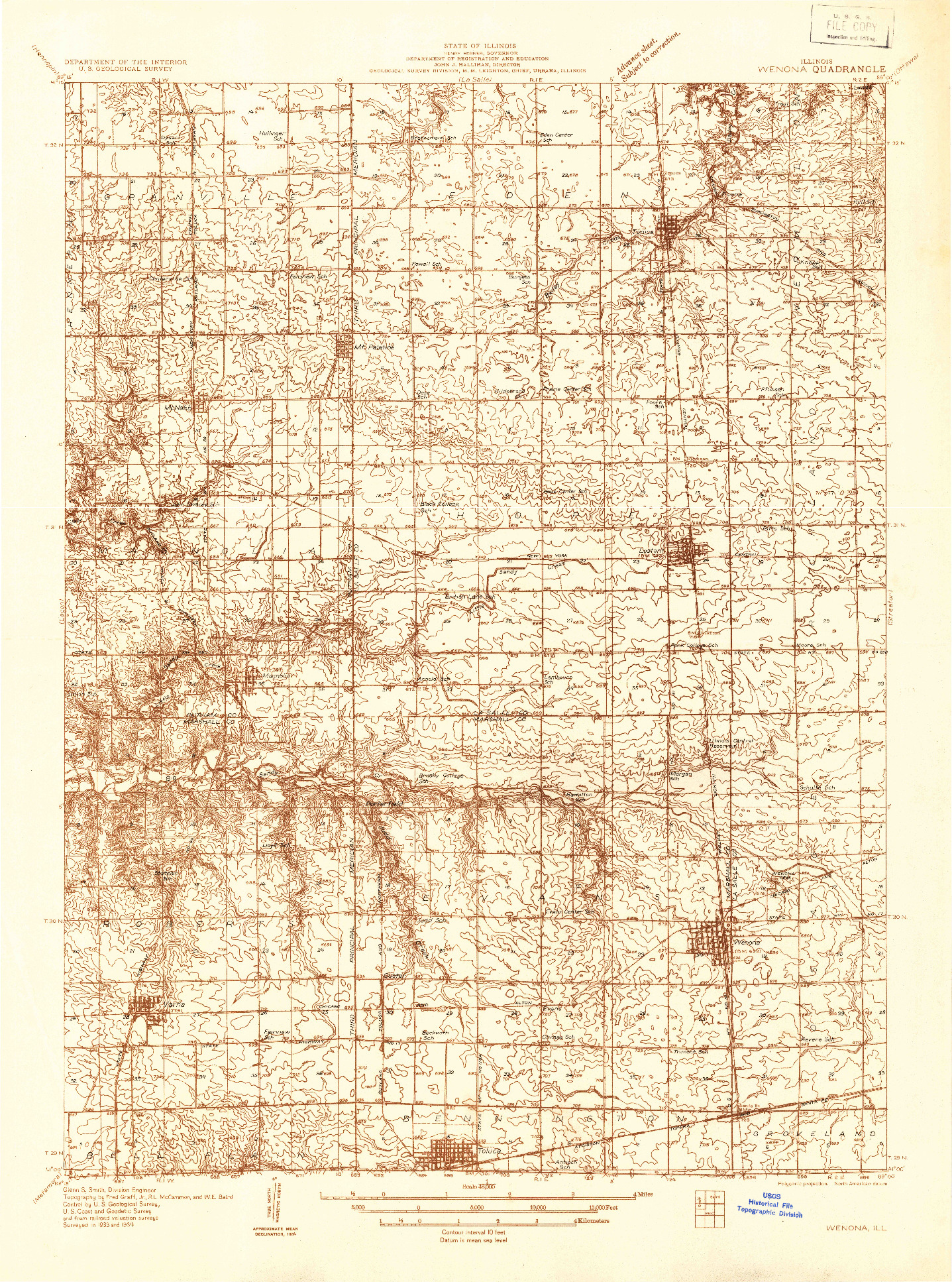 USGS 1:48000-SCALE QUADRANGLE FOR WENONA, IL 1934