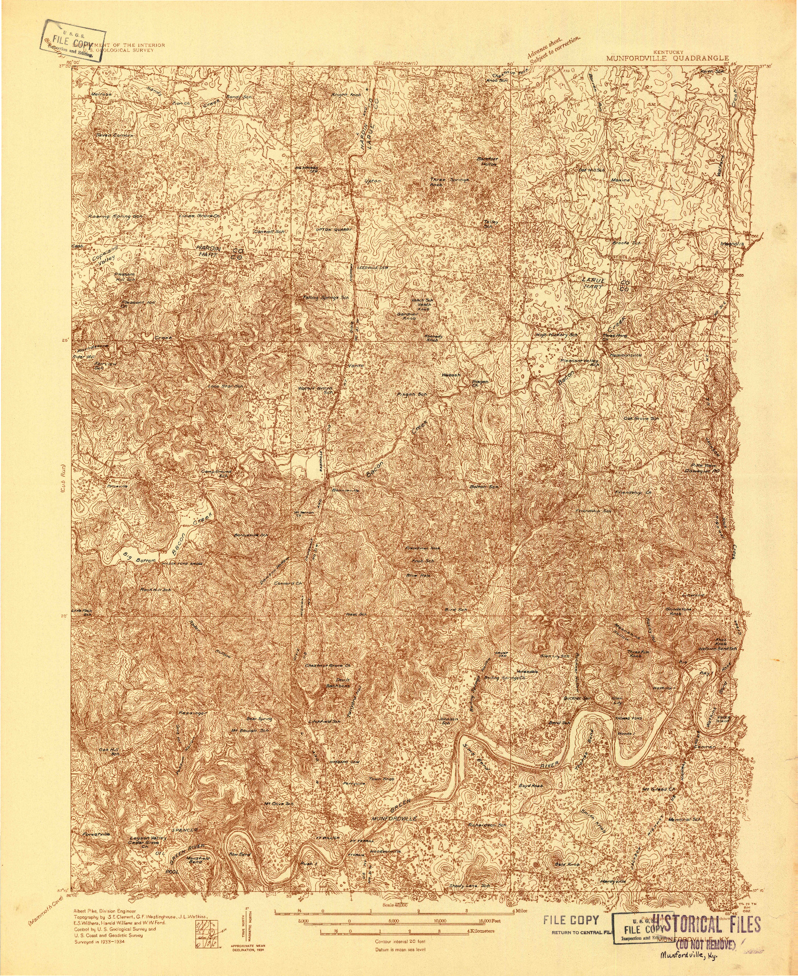 USGS 1:48000-SCALE QUADRANGLE FOR MUNFORDVILLE, KY 1934